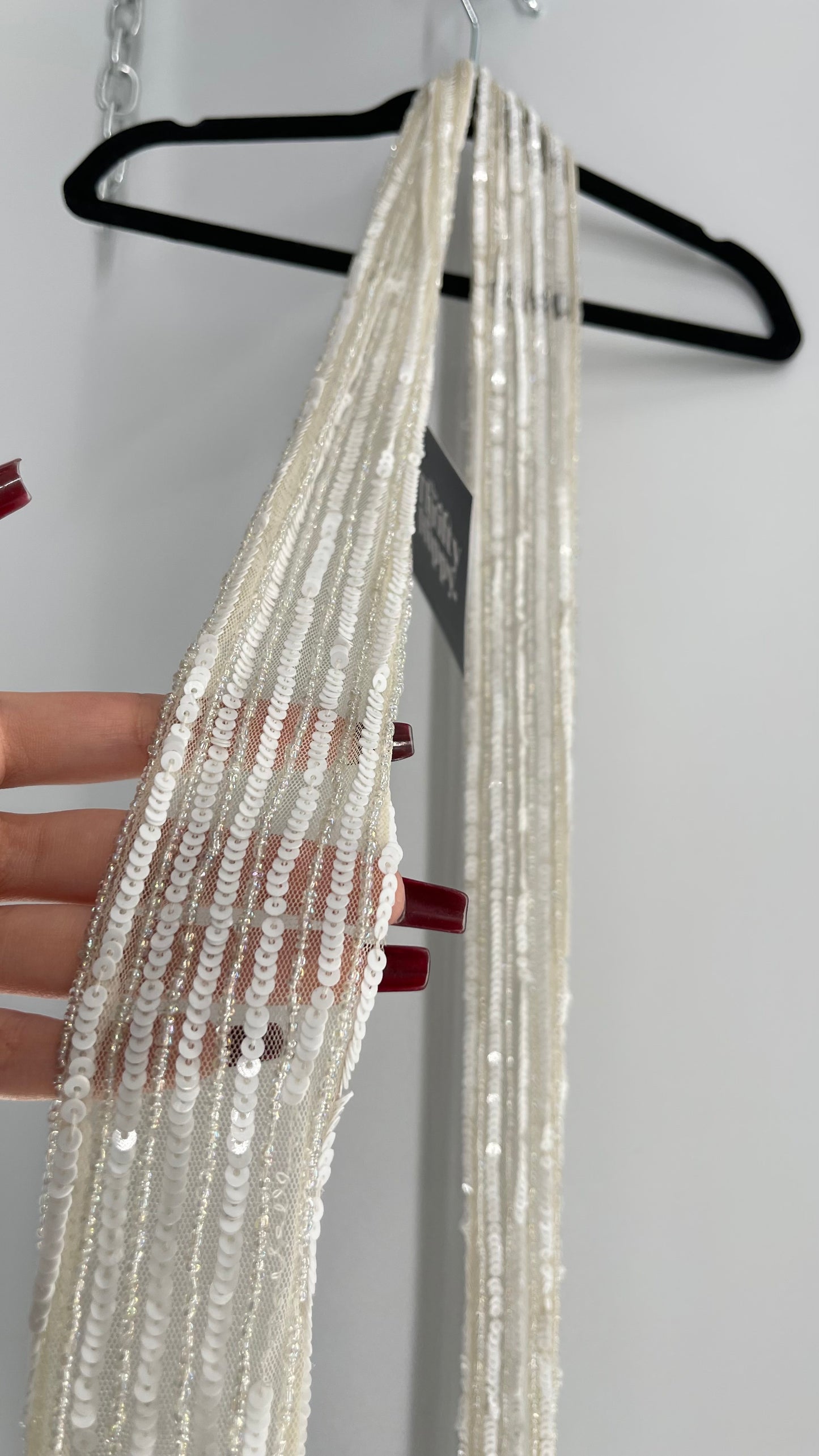 Vintage White Sequin Iridescent Beaded Skinny Scarf
