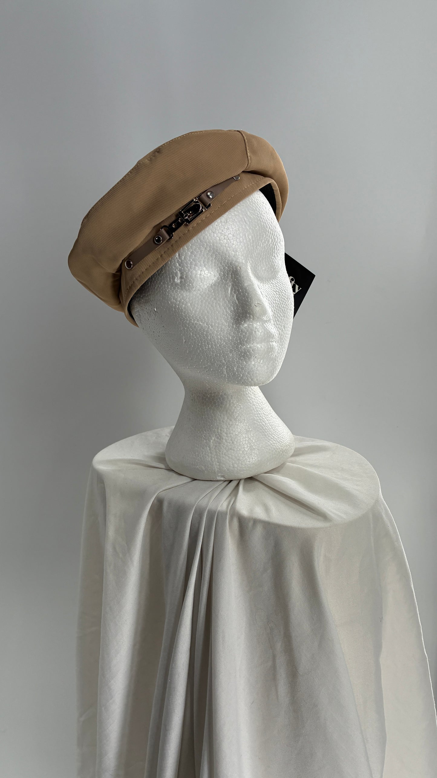 Tan Beret with Vegan Leather Strap and Silver Metal Hardware