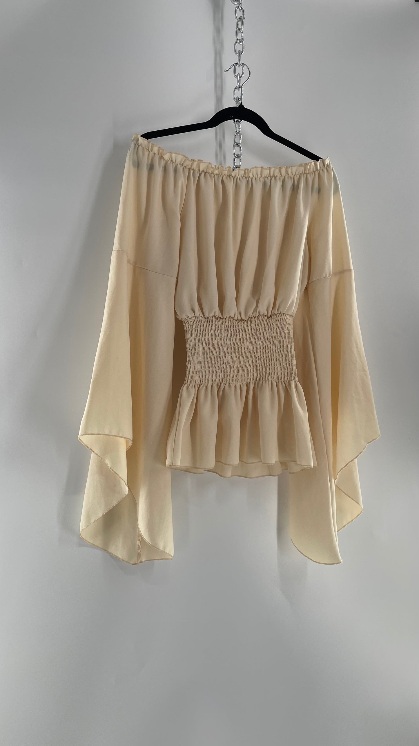 Vintage Off White Smocked Waist Bell Sleeve Wanderlust Blouse(S/M)