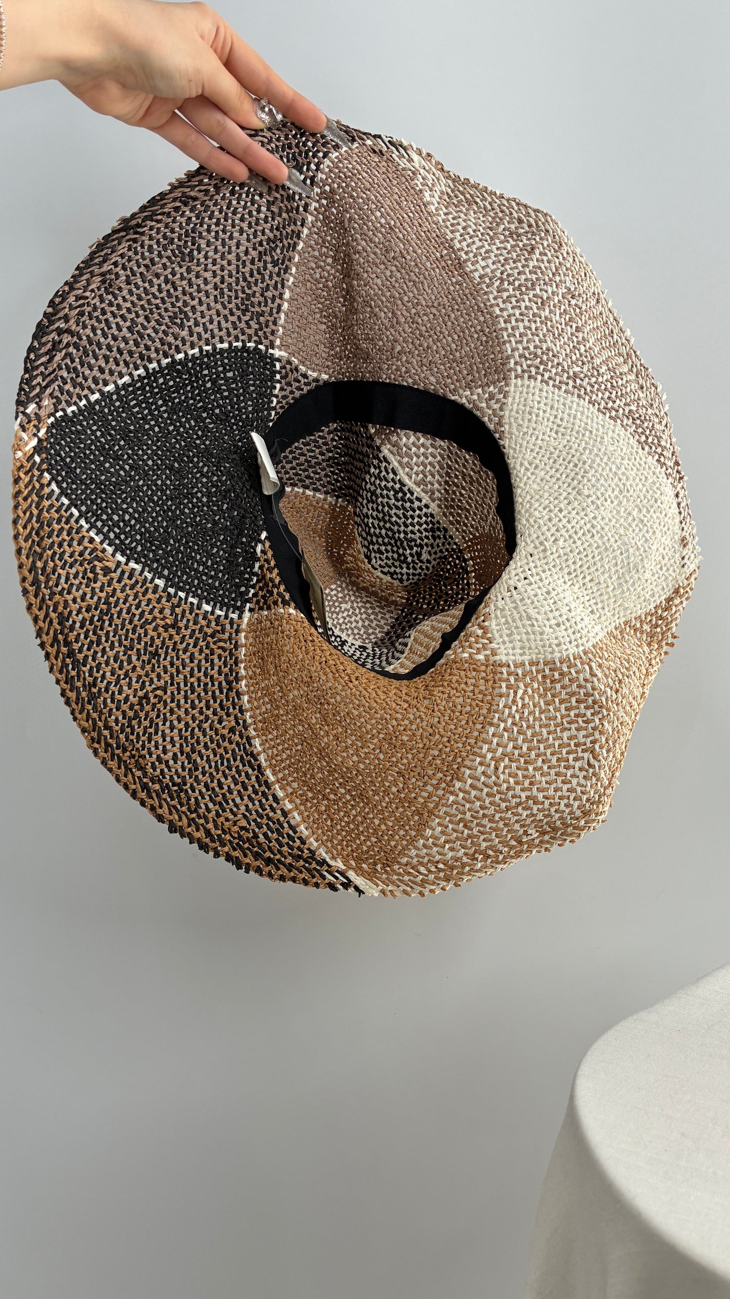 Vintage Oversized Straw Color Block Neutral Sun Hat