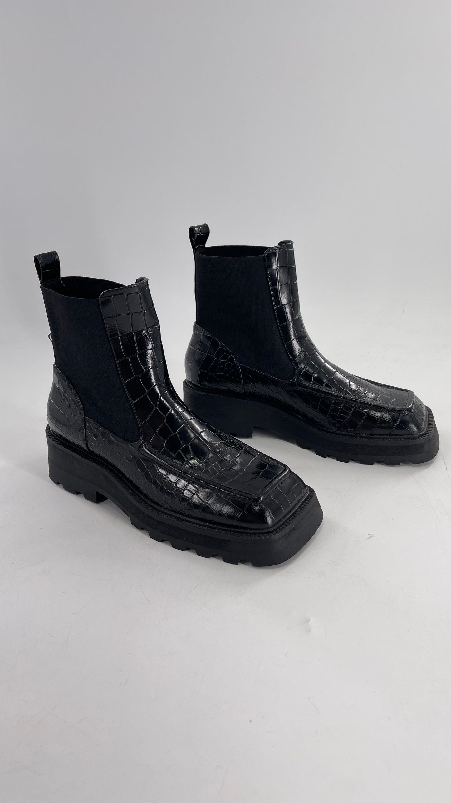 INTENTIONALLY Black Patent Crocodile Embossed Extreme Square Toe Boots (10)