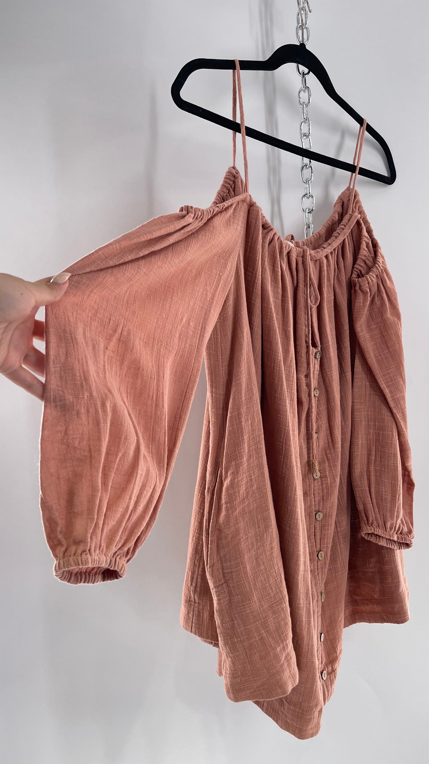 Free People Cotton Blush Pink Button Front Cold Shoulder Dress (Medium)