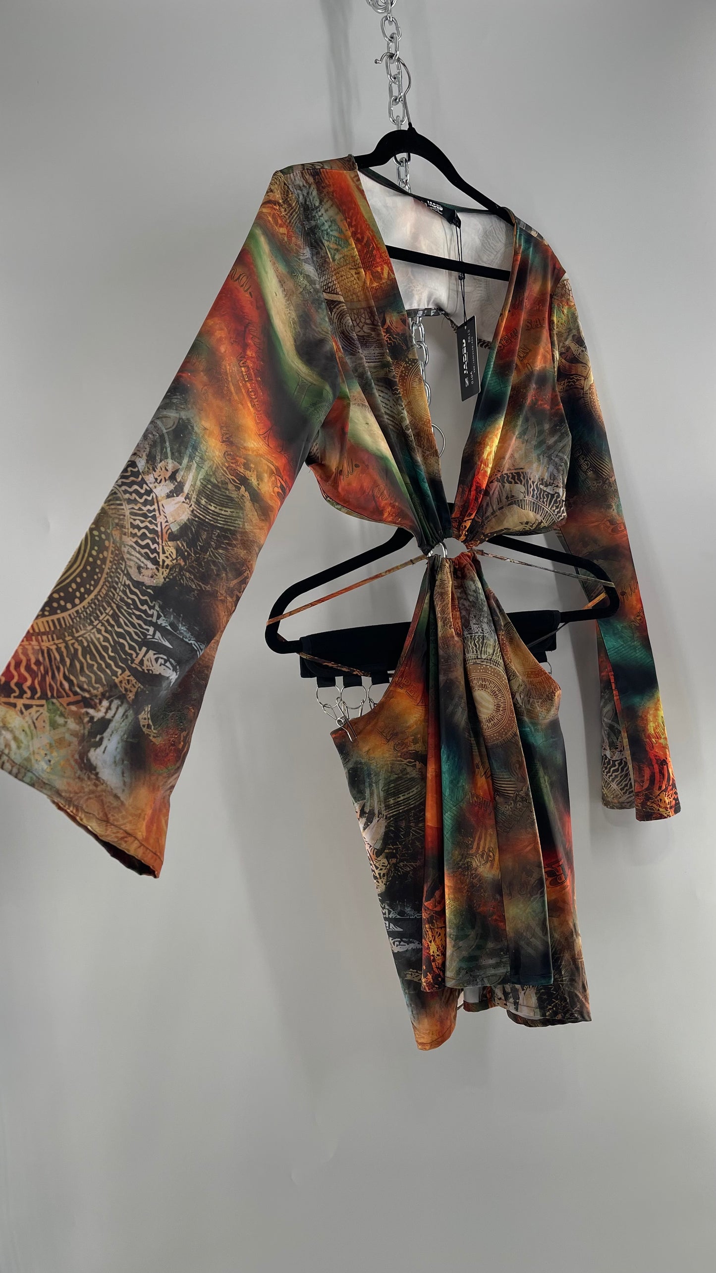Jaded London Graphic Green, Orange, Yellow Dress with Bell Sleeves, Cut Out Waist and Straps (10)