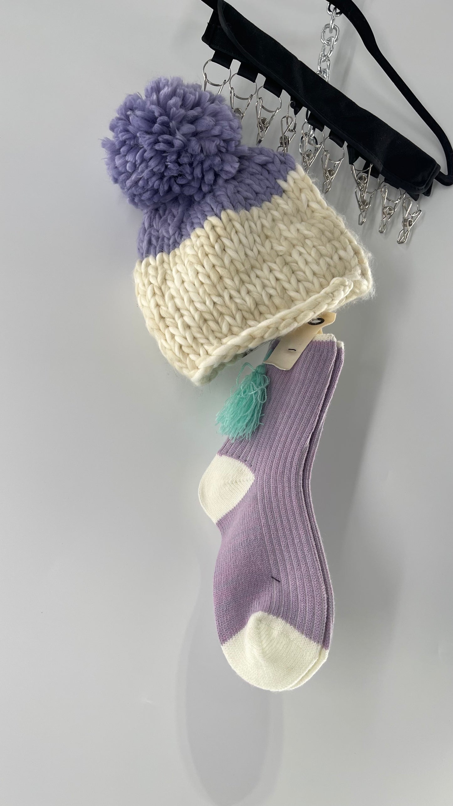 Free People Lavender Purple and White Knit Beanie and Sock Set