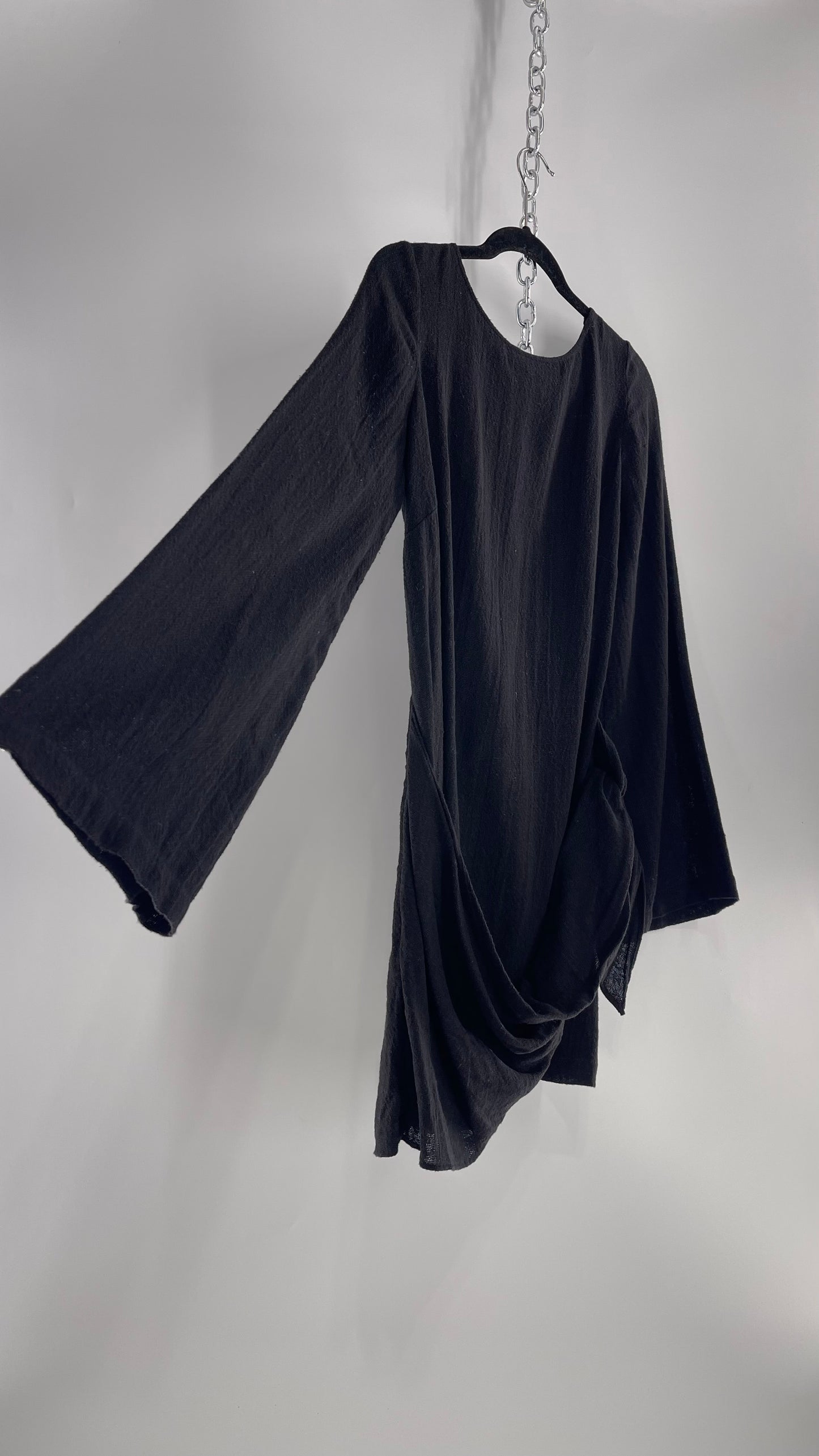 Free People Black Bell Sleeve 100% Cotton/Modal Mini Dress with Tie Front (M)