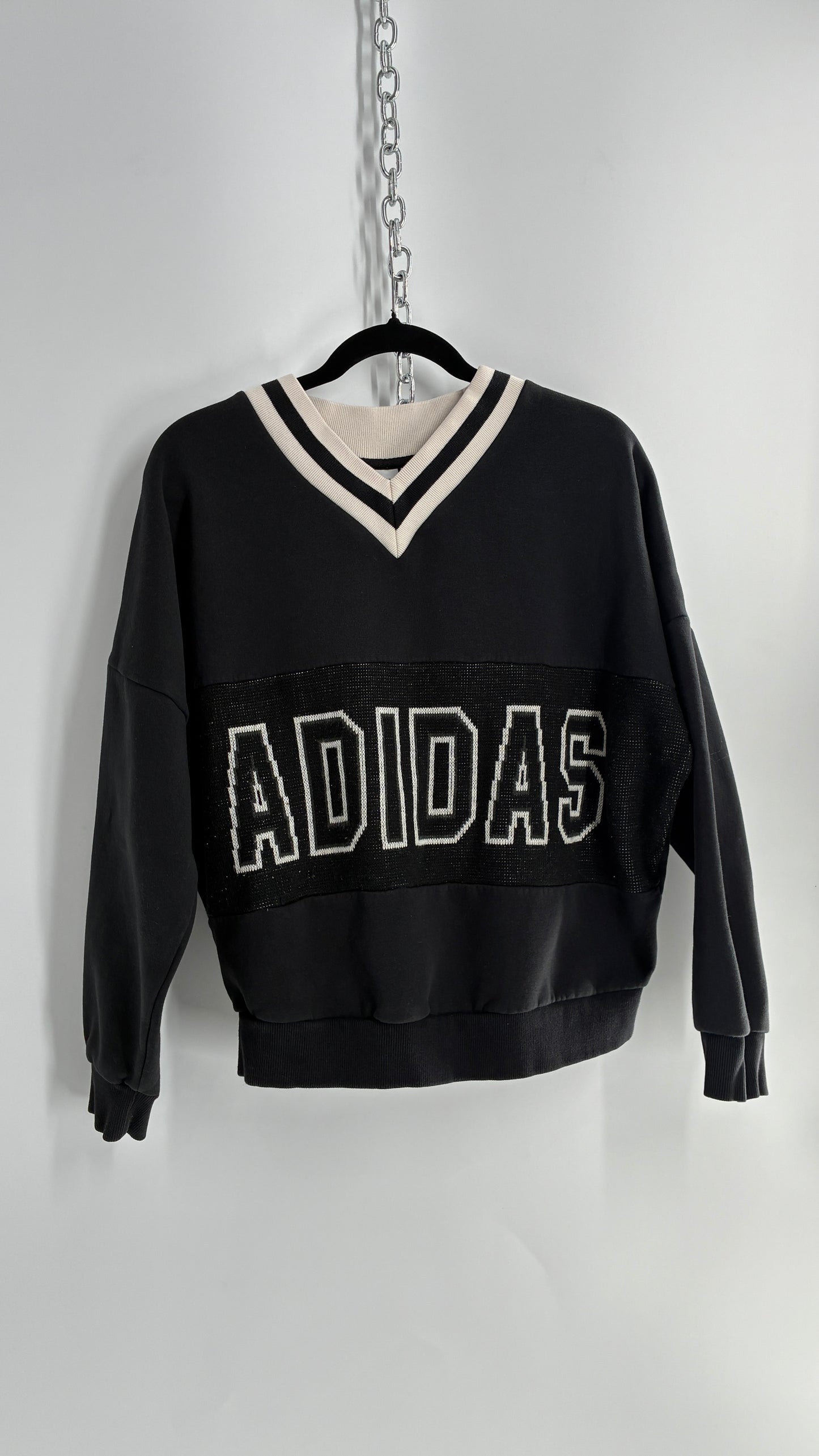 Vintage ADIDAS Black and White Varsity Crew Neck (Small)