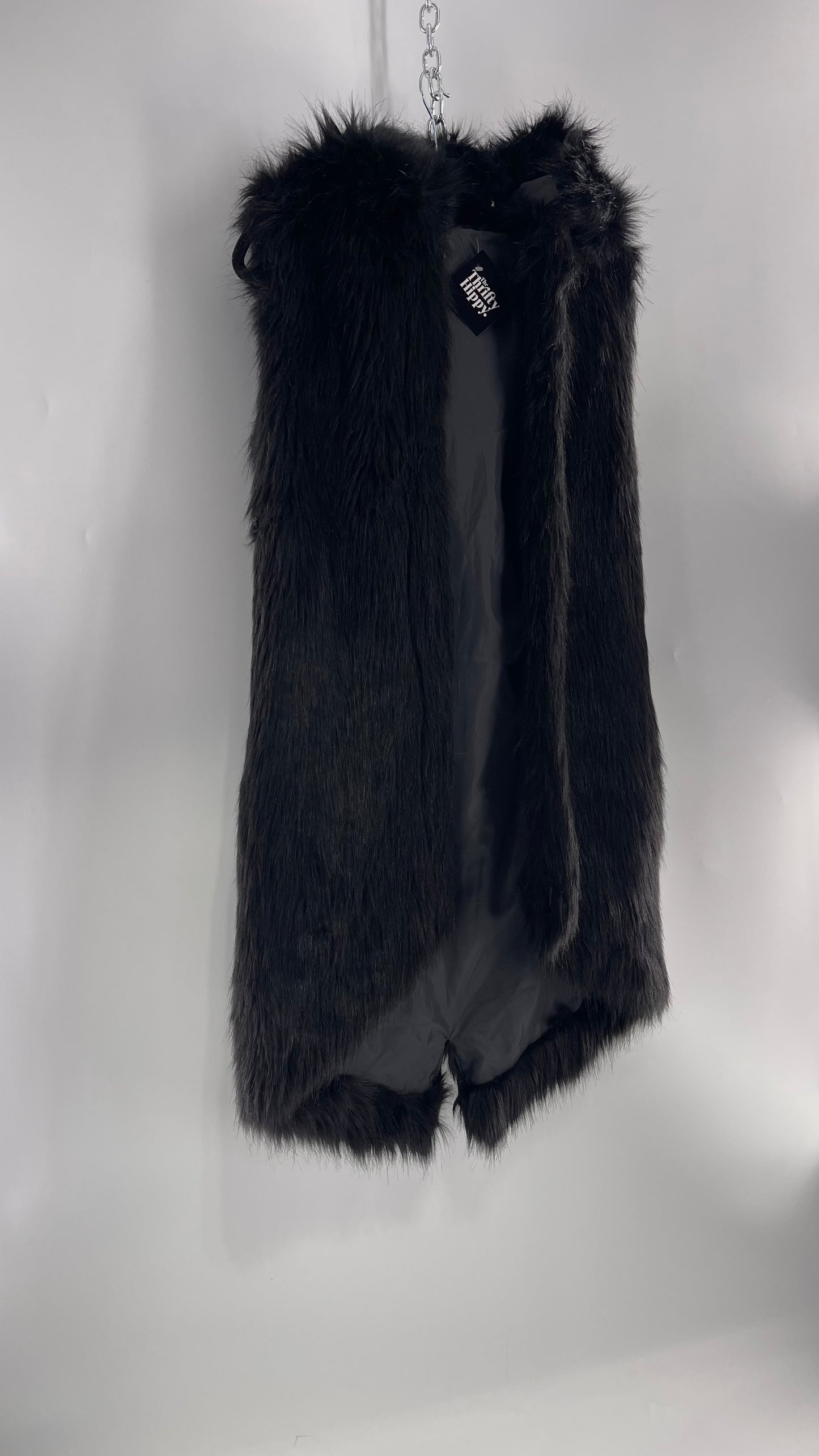 Full Length Black Fuzzy Sleeveless Vest with Oversized Hood (Medium)