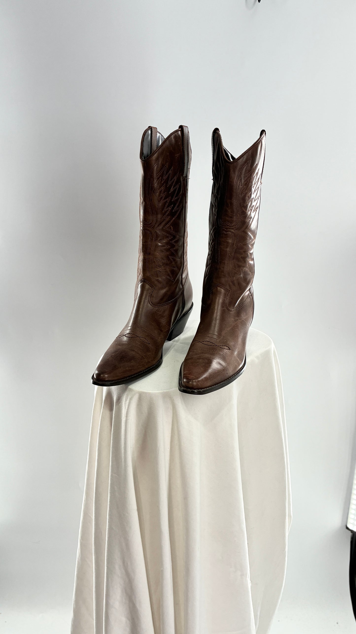 Vintage Genuine Leather Brown Cowboy Boots Made in Brazil (9.5)