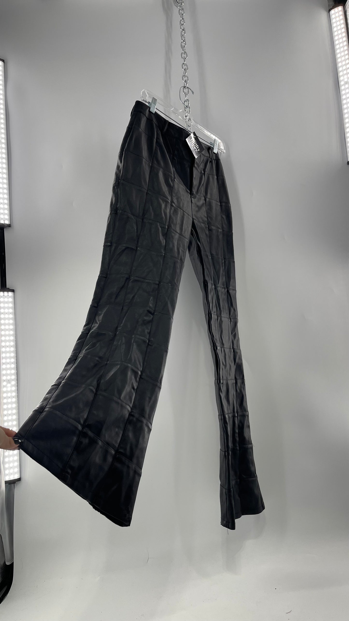 MOTEL Black Faux Leather Checkered Kick Flares (XL)