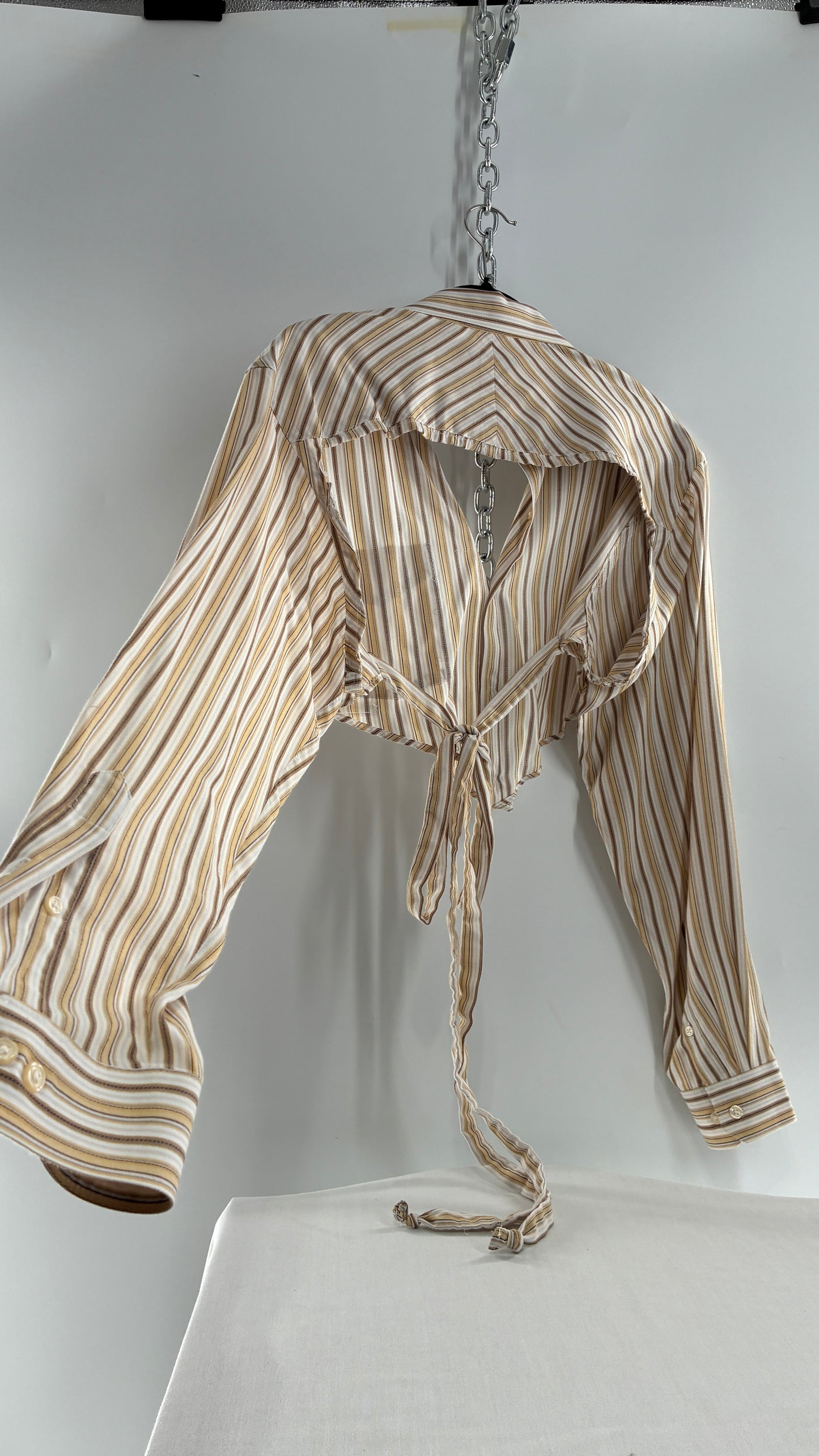 Vintage VAN HEUSEN Reworked Button Front Backless Mustard Yellow, Brown Striped Blouse (One Size)