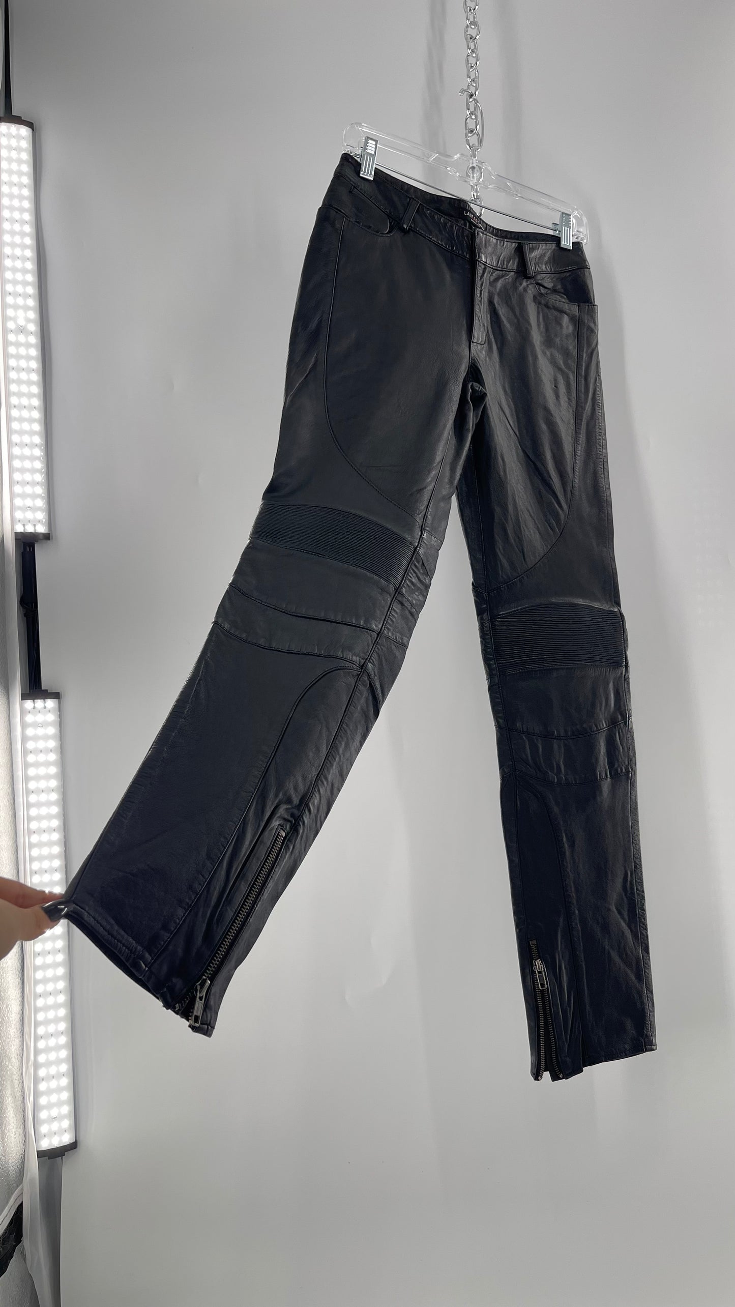 LAMARQUE 1990s Collection Vintage Black Leather Moto Style Pant with Panels, Ribbing and Zipper Details (6)