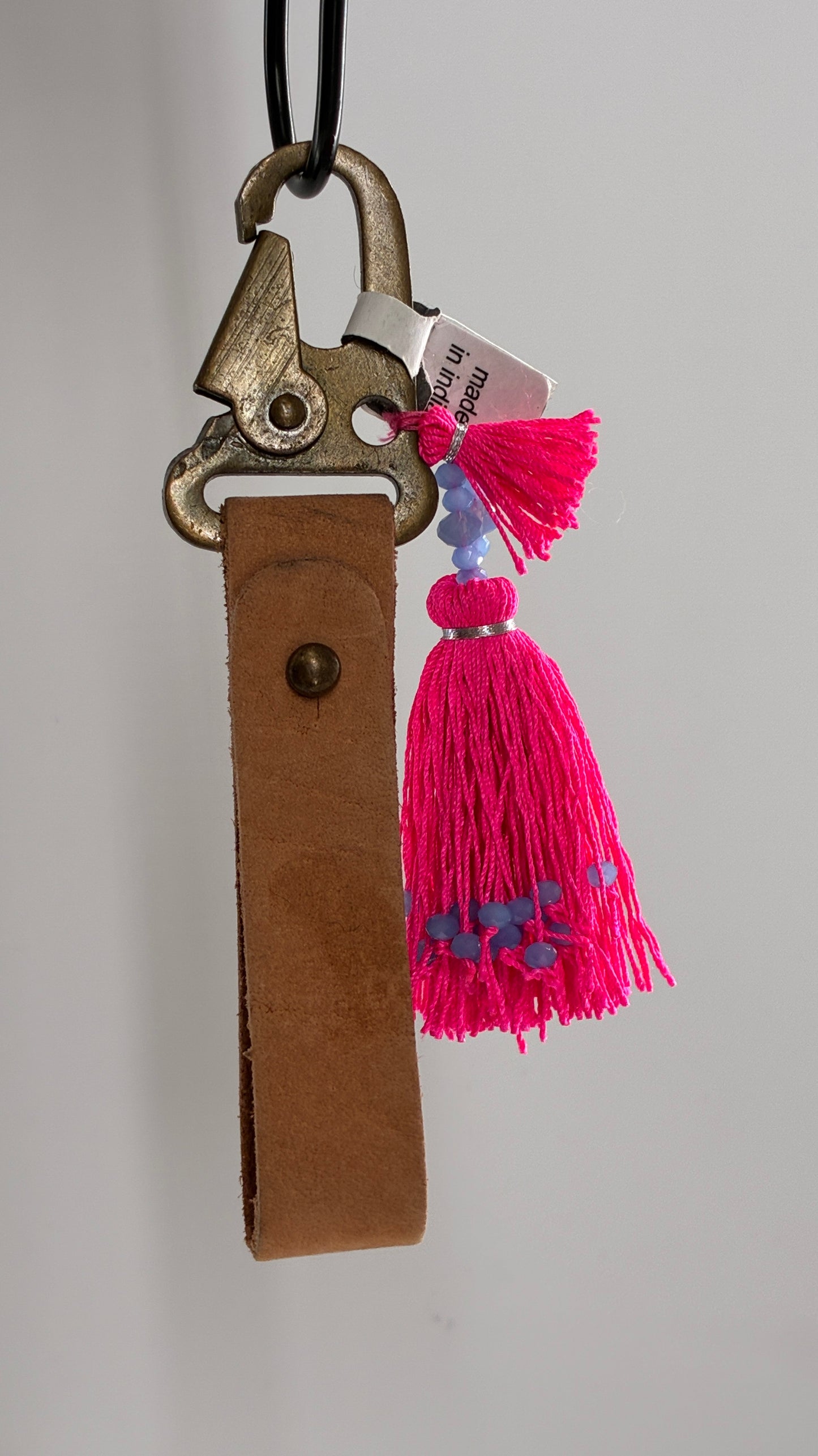 Free People Leather Wristlet Keychain with Neon Pink Beaded Tassel