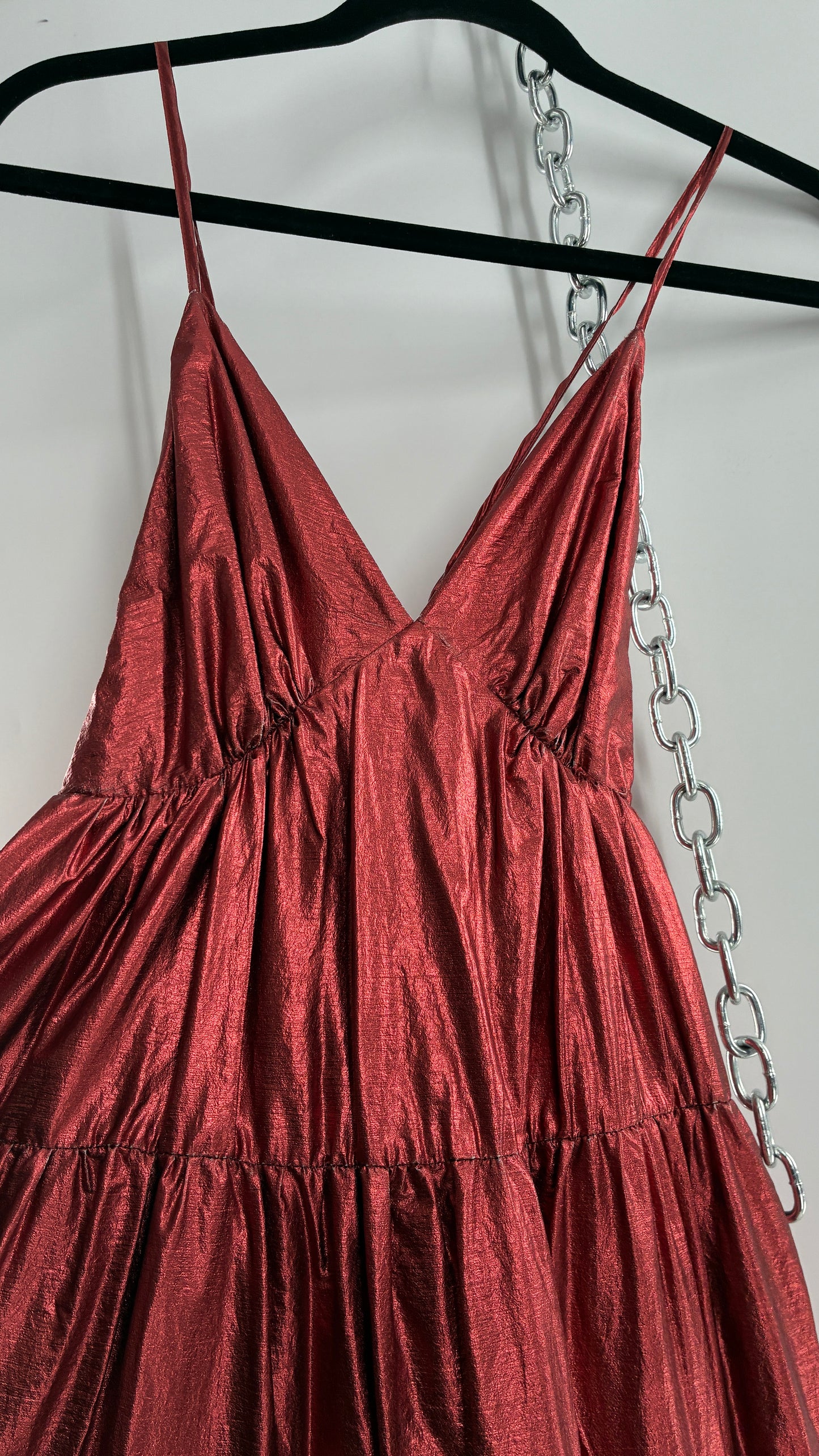 HUTCH Red Metallic Tiered Voluminous Maxi Gown (XS)