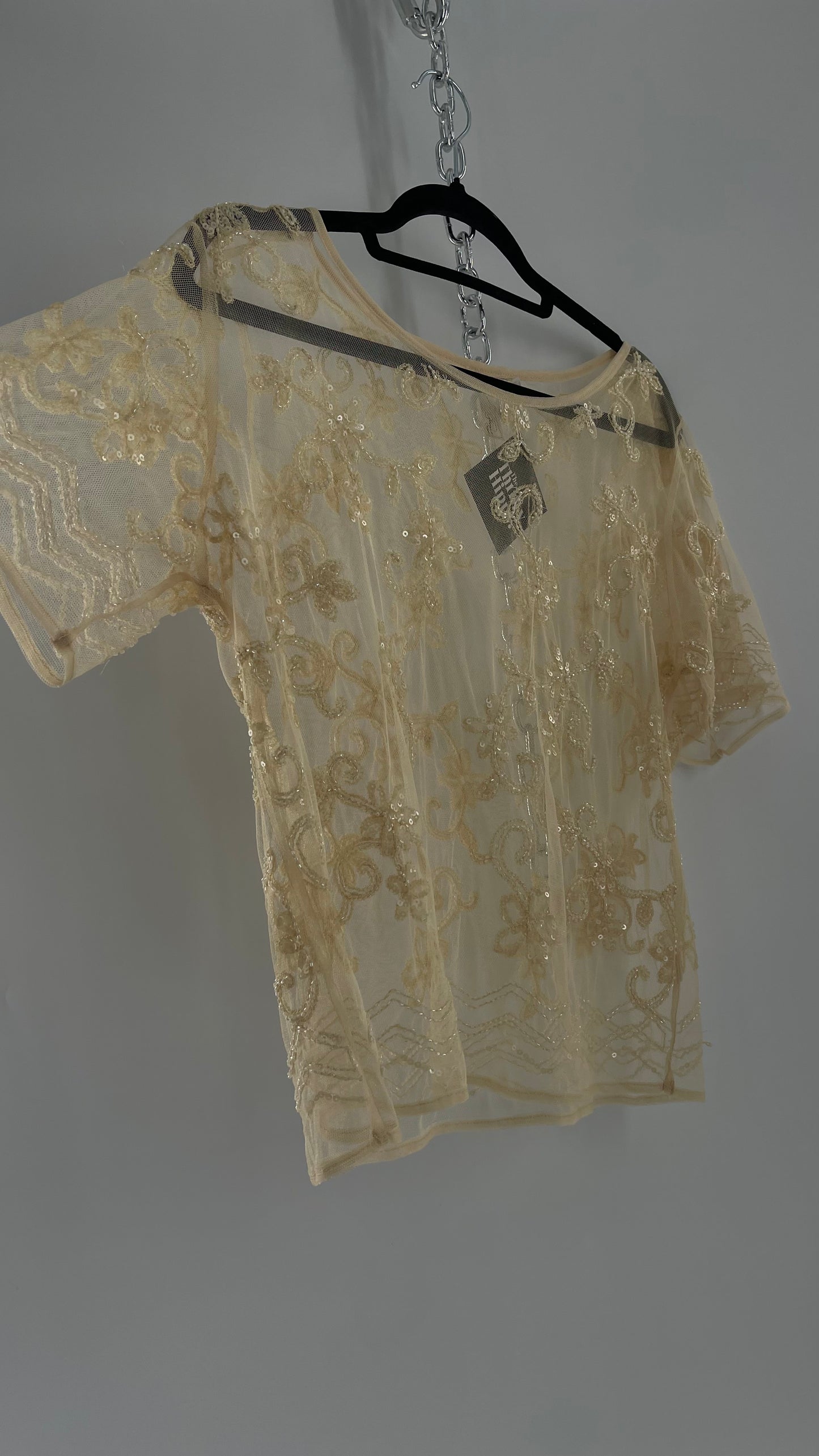Vintage Forever 21 Baby Yellow Beaded Mesh T Shirt (Large)