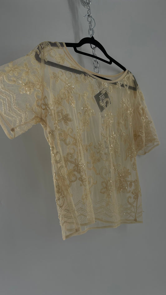 Vintage Forever 21 Baby Yellow Beaded Mesh T Shirt (Large)