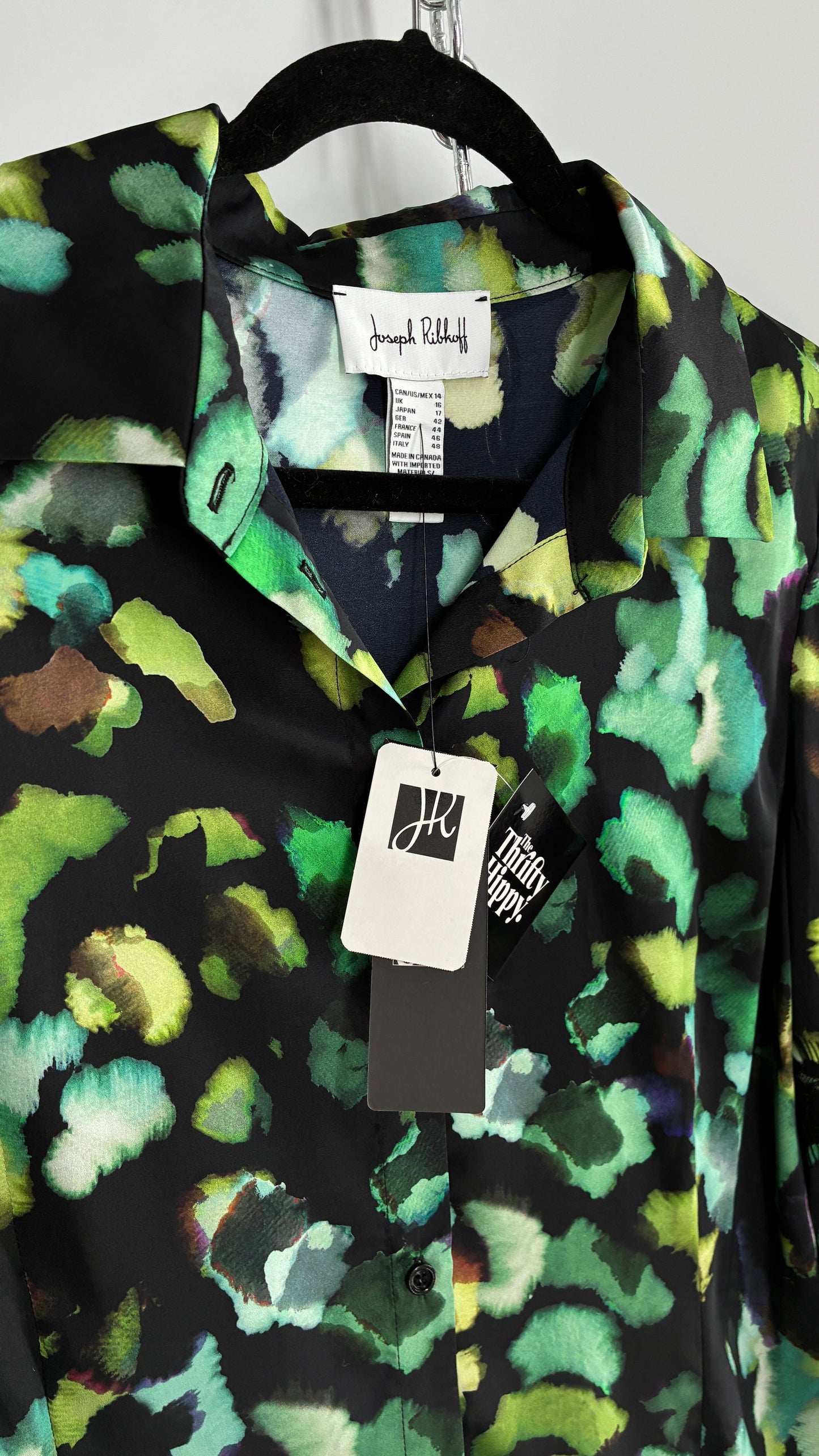 JOSEPH RIBKOFF Green Graphic Balloon Sleeve Blouse with Tags Attached (14)