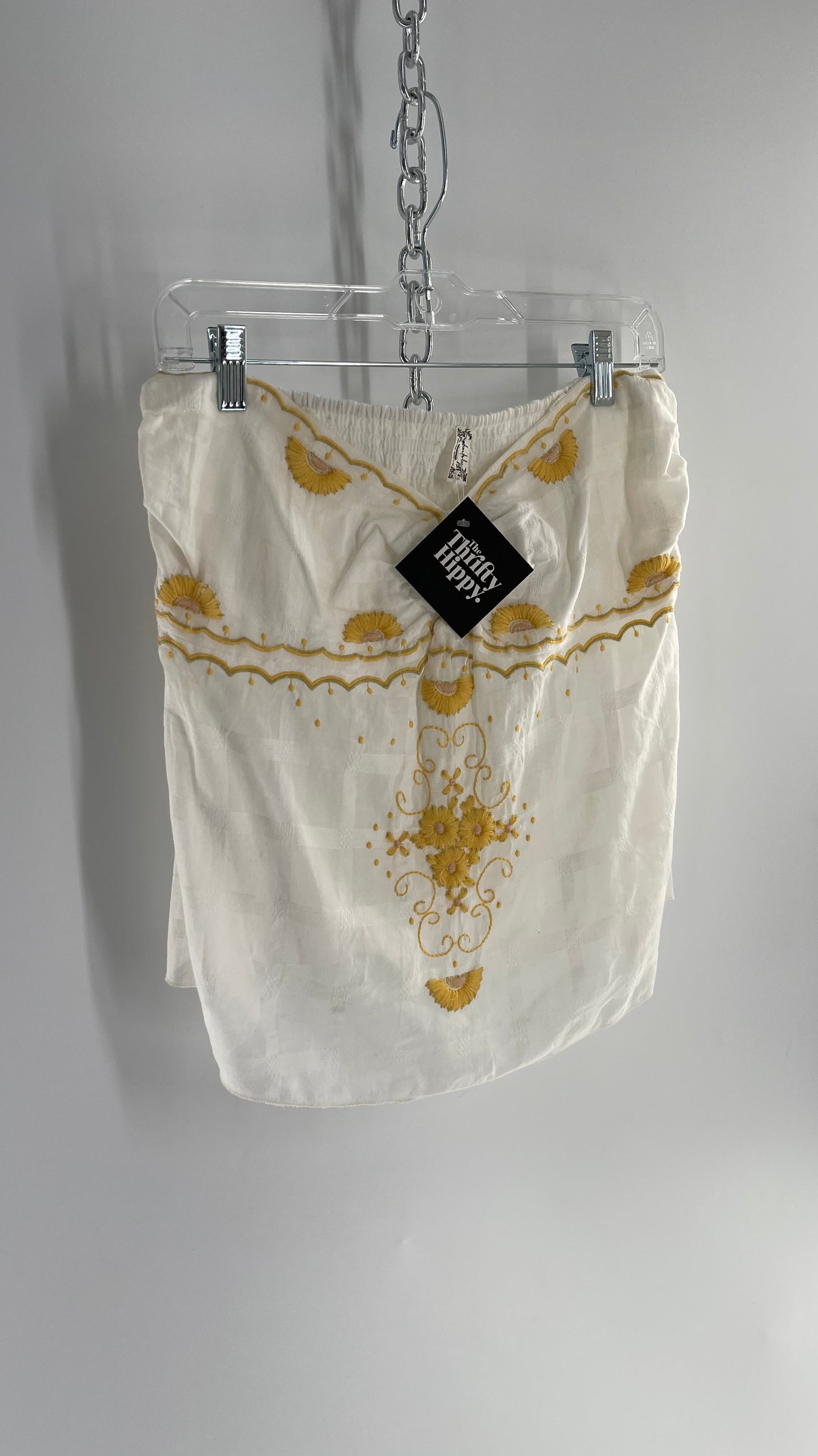 Intimately Free People White Cotton Tube Tank with Yellow Embroidered Detailing (L)