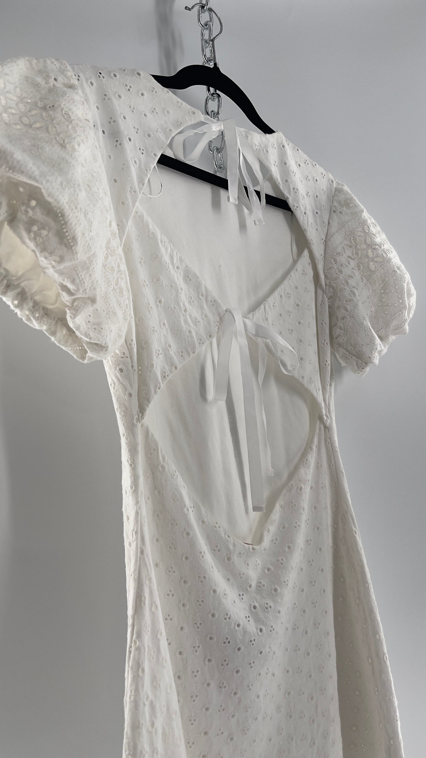 Free People White Eyelet Mini Dress with Puff Sleeve and Open Back (XS)