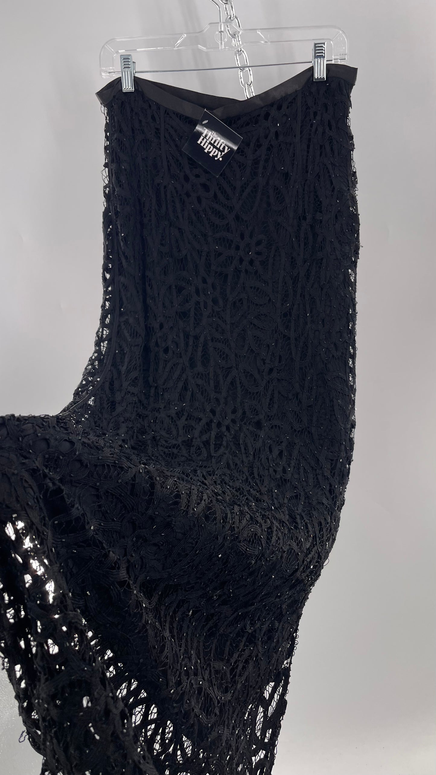 Vintage Black Beaded Lace Scalloped Edge and Satin Waistband Maxi Skirt (Large)