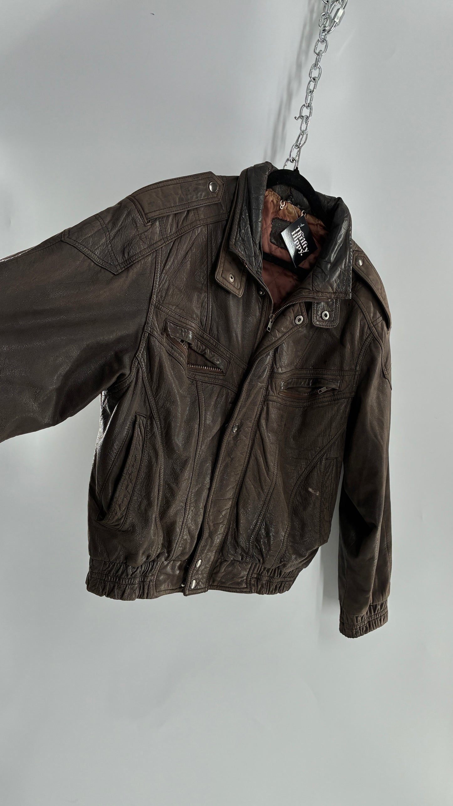 Vintage SAXONY Distressed Leather Bomber Jacket (Medium)