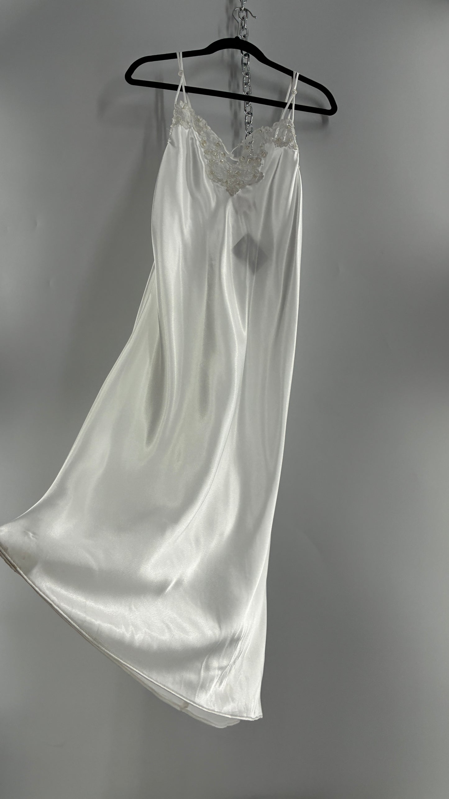 Vintage California Dynasty White Glossy, Silky Night Gown Style Dress with Sequined Lace Bustline (Small)