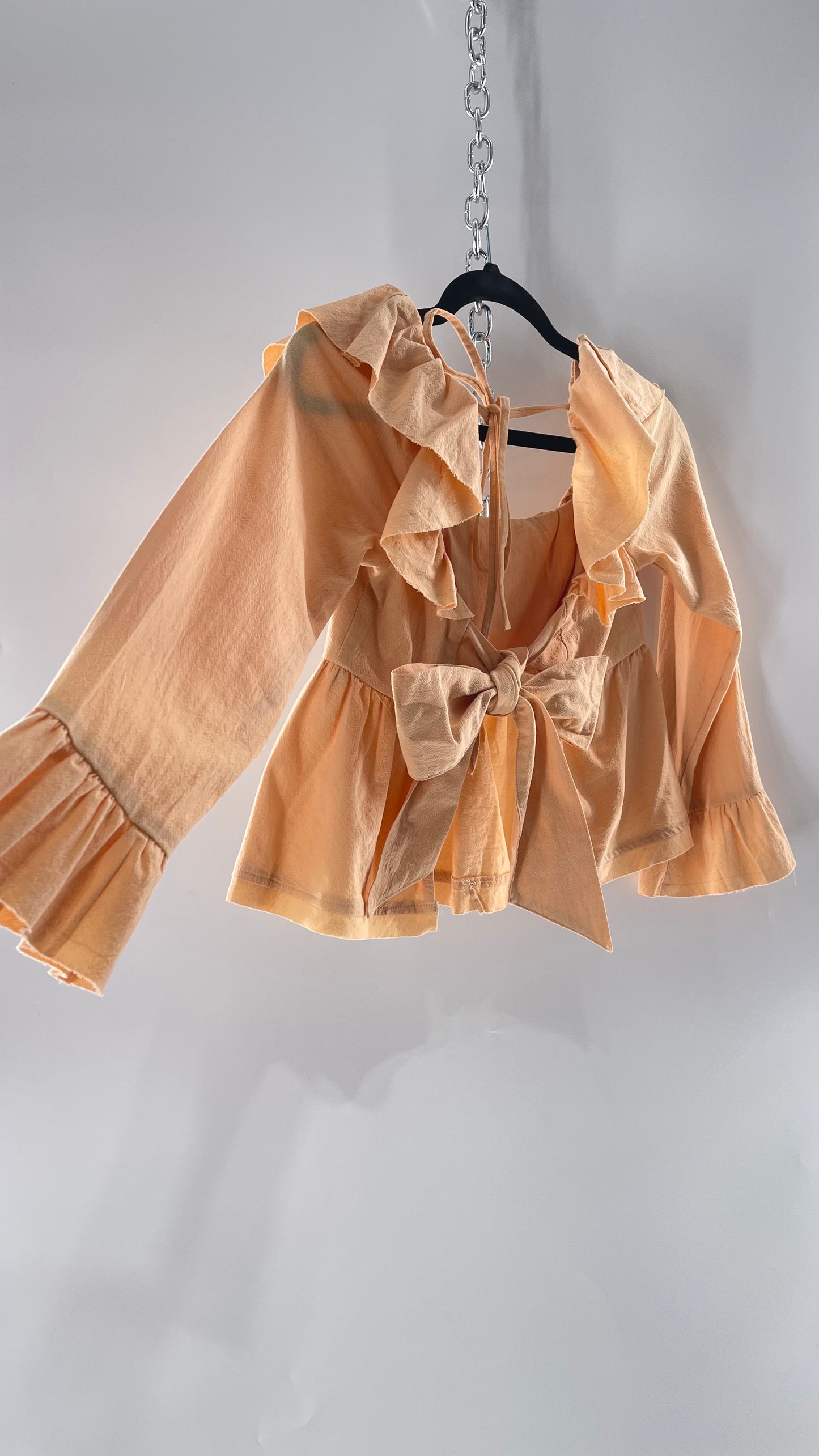 Free People Pumpkin Light Orange Backless Bow Back Cropped Blouse with Ruffle Sleeve and Neckline (XS)