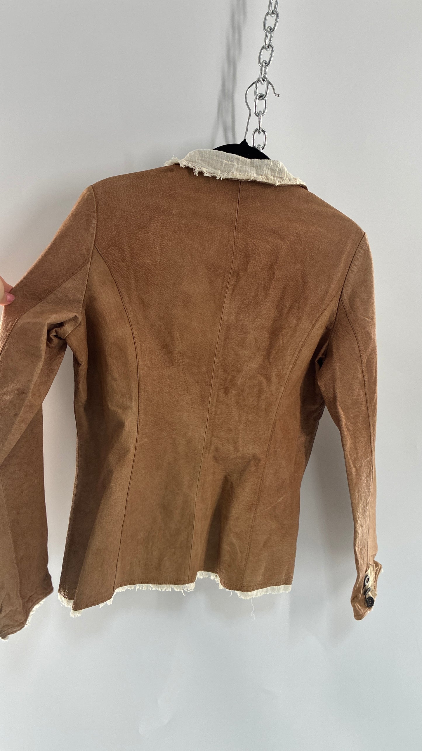 Vintage JAKETT Tan Leather Jacker with Cotton Raw Edge Trim+ Lining and buttoned Cuffs (Medium)