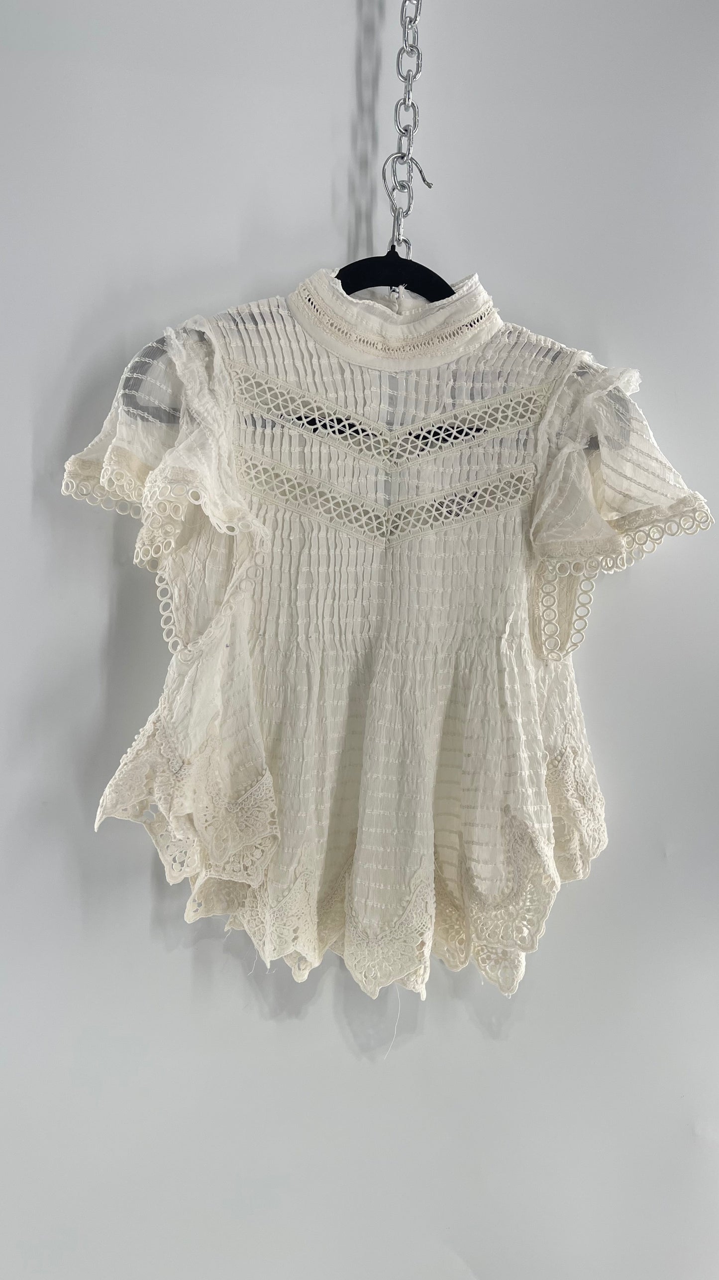 Kimchi Blue White 68% Viscose 32% Cotton Romantic Blouse with High Neck, Textured Body, and Scalloped Lace Hem and Sleeves (Small)