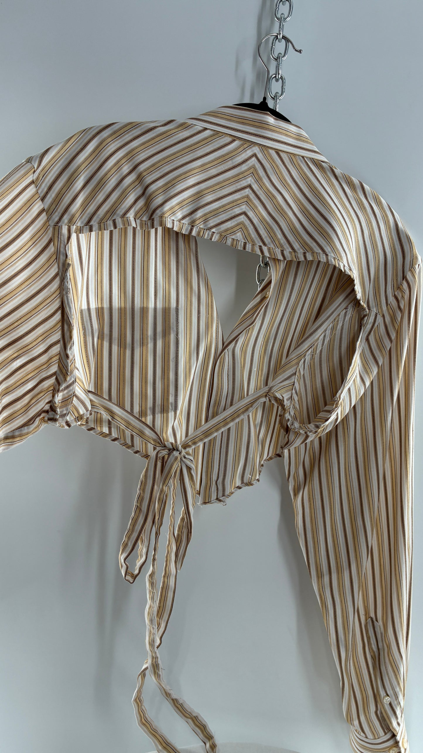 Vintage VAN HEUSEN Reworked Button Front Backless Mustard Yellow, Brown Striped Blouse (One Size)