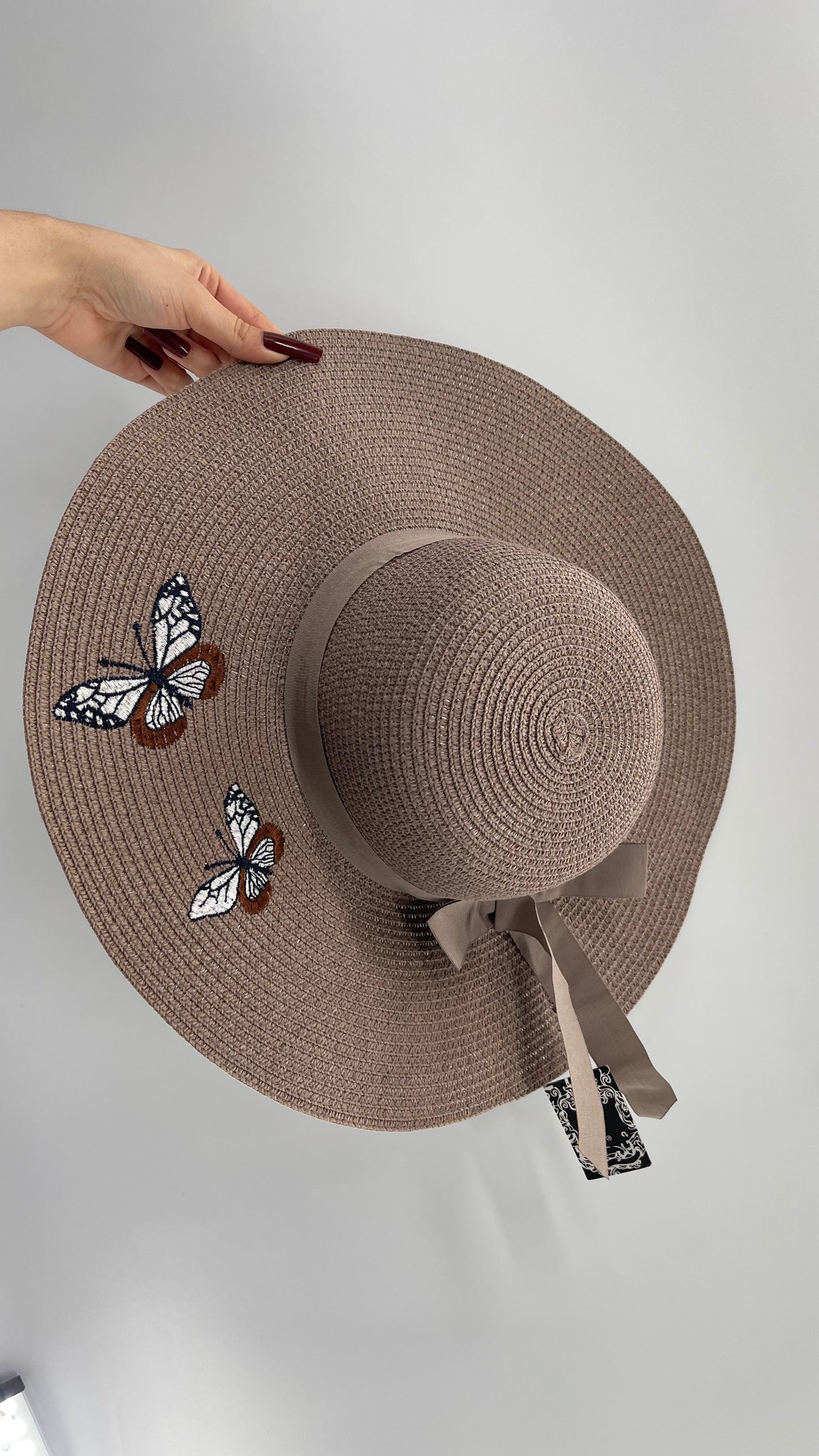 Deadstock Vintage Tan Brown Sun Hat with Bow, Embroidered Butterflies, and Tags Attached