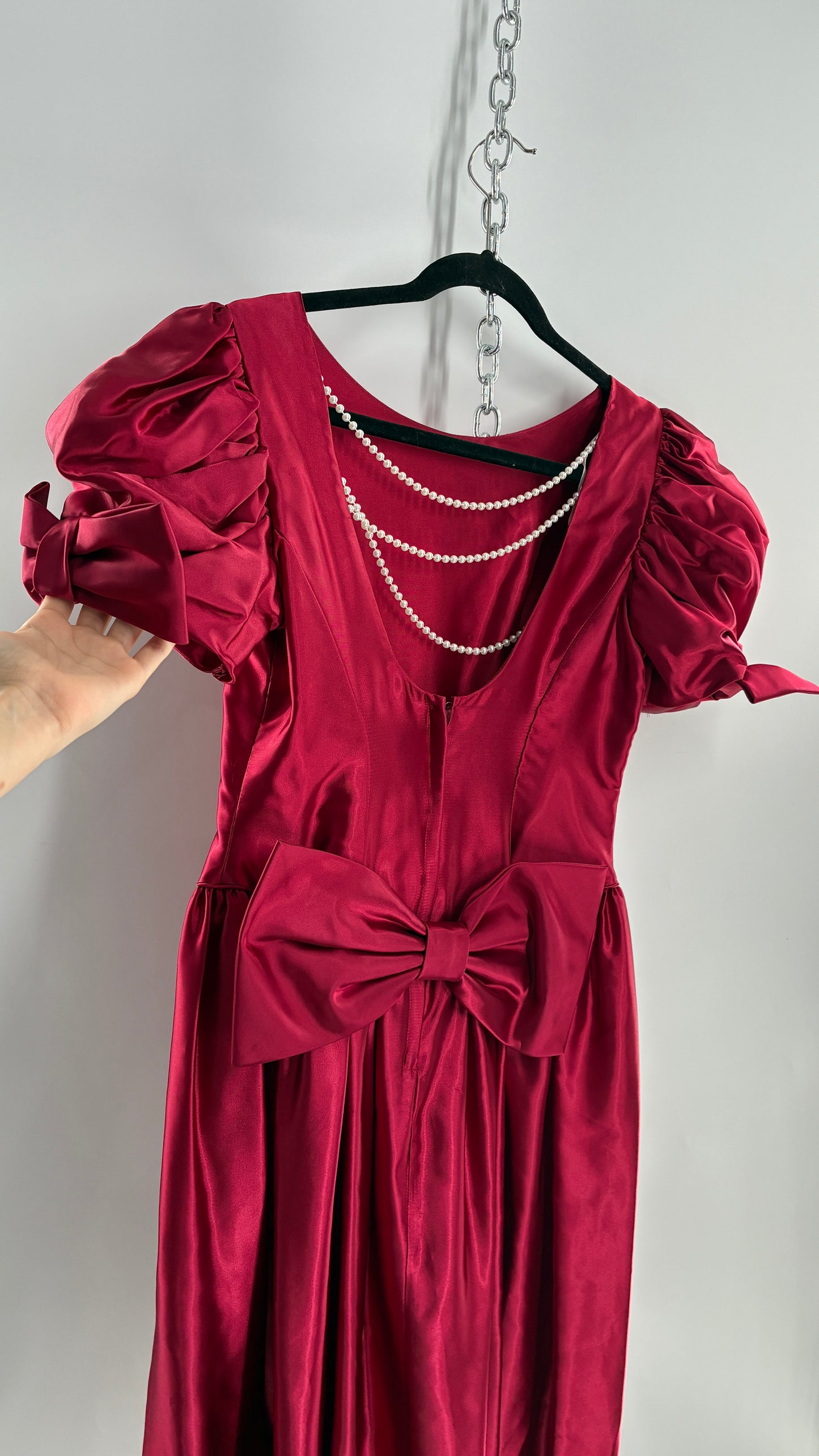 Vintage Red Silky Satin Corset Style Dress with Sweetheart Neckline, Puff Sleeves, Oversized Bow Bum, Open Back and Draping Pearls (10P)