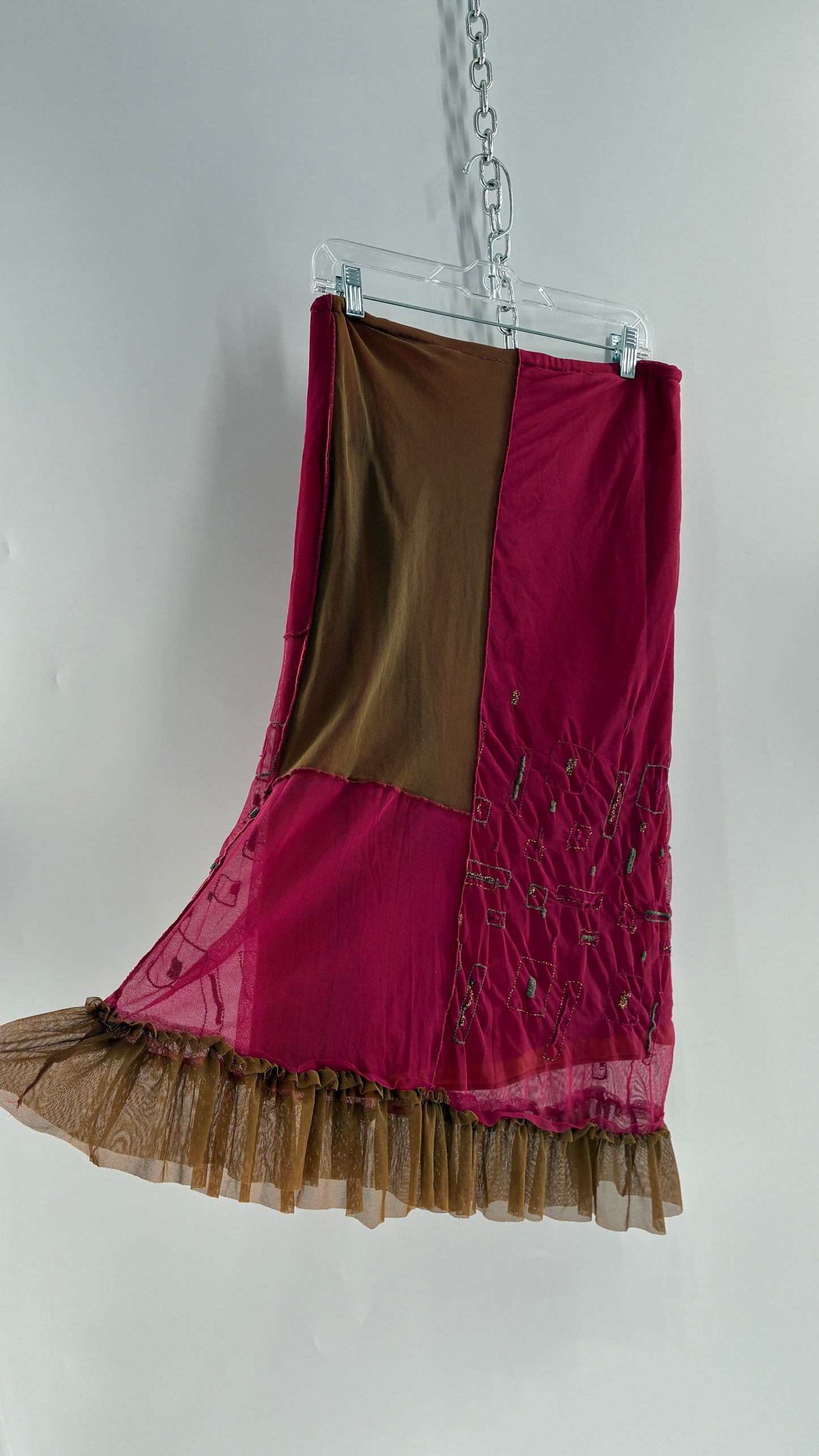 Vintage LILLI ROSE Fuchsia Exposed Stitch Midi Skirt with Embroidered Details (S/M)