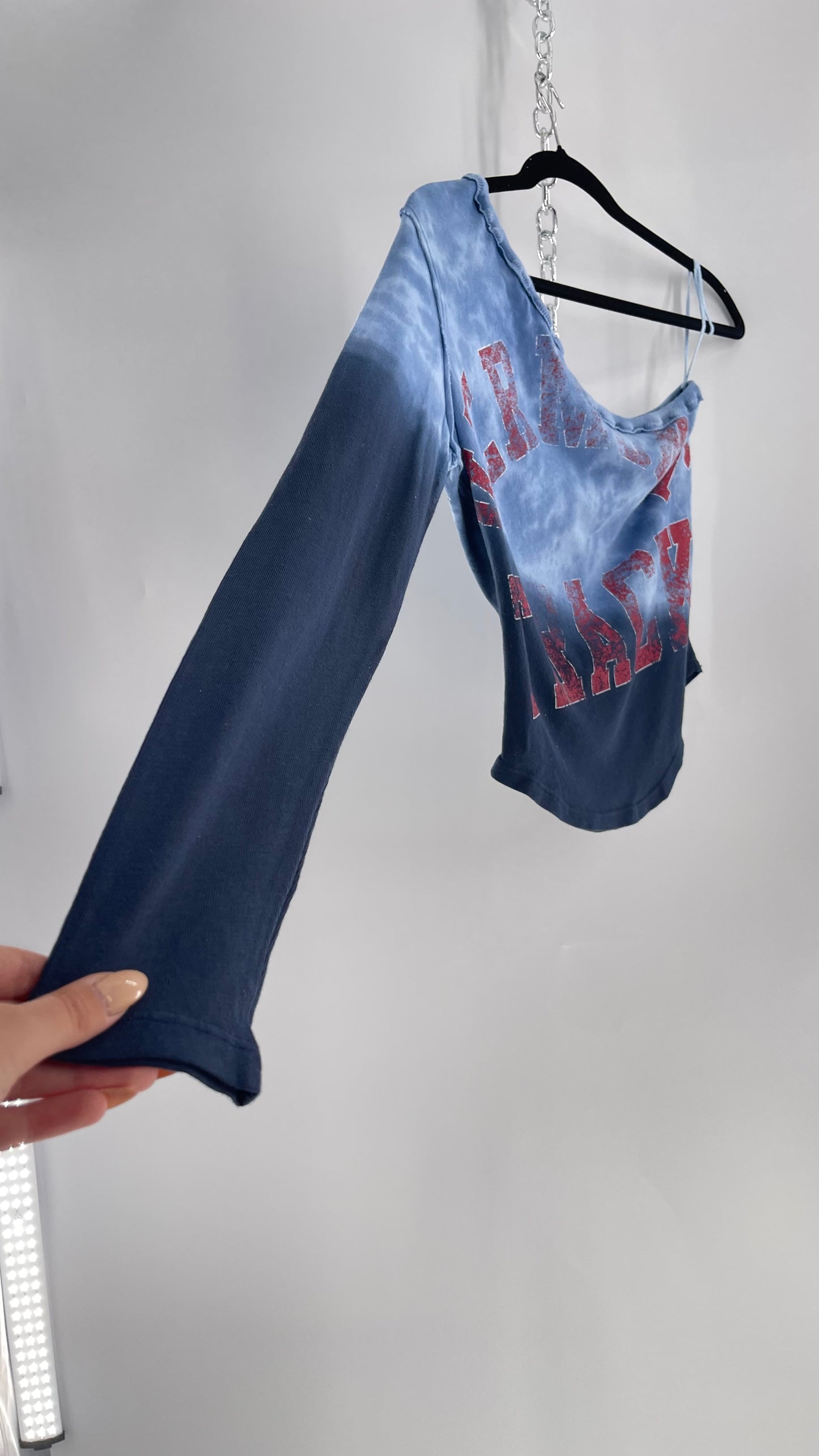Free People Blue Ombre Tie Dye One Sleeve Top with Track Graphic (Small)