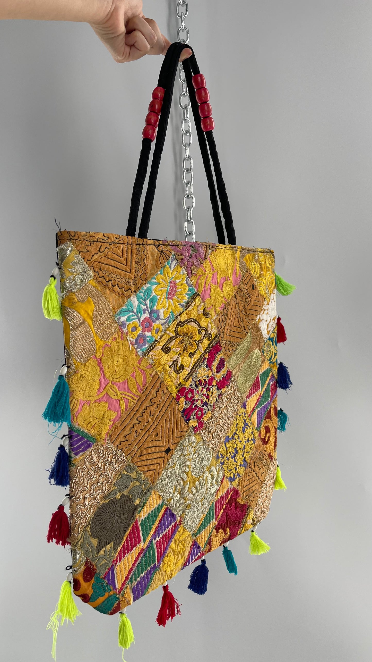 Imported Golden Yellow Patchwork Tote from Brazil with Tassel Detailing