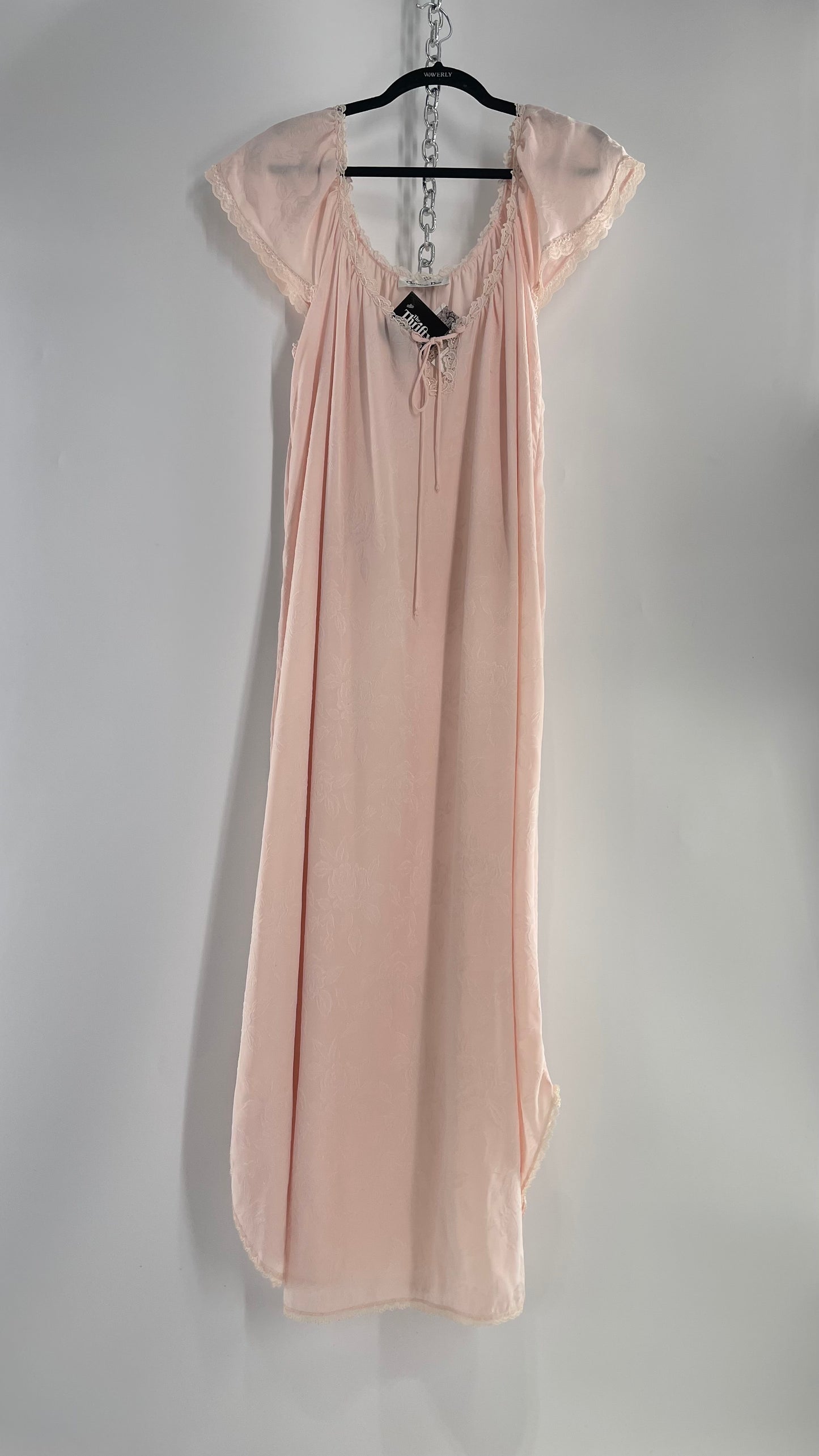 Vintage Christian Dior Pink Night Gown/ Maxi Dress with Floral Embossed Design, Lace Trim and Rosettes (Large)