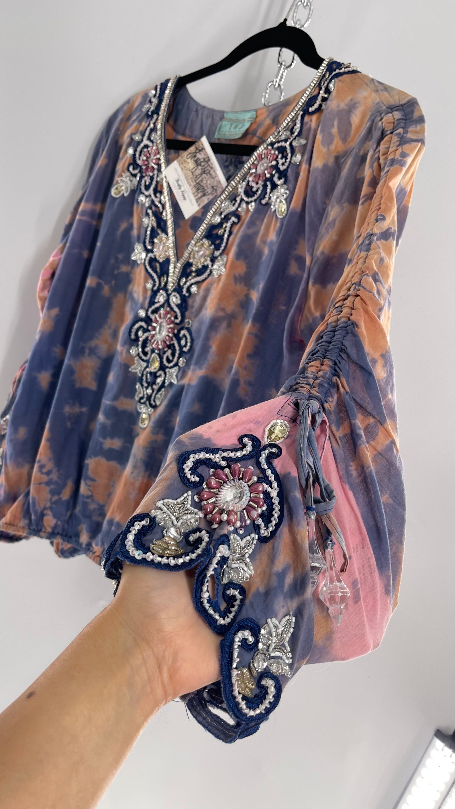 TAJ by Sabrina Crippa Tie Dye Blouse with Gemstone Encrusted Neckline and Ruched Beaded Sleeves (S/M)