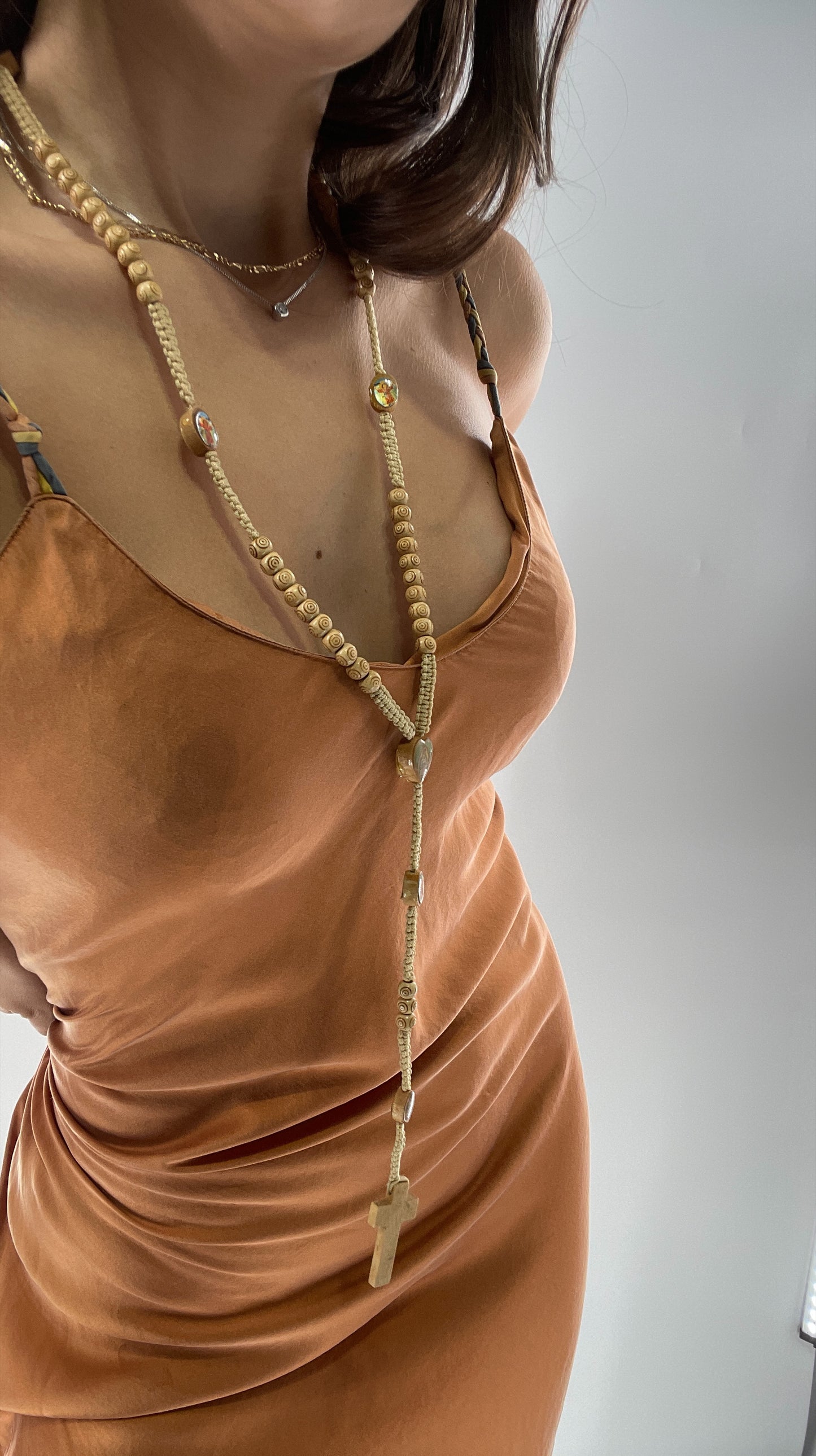 Vintage Beige Toned Rope Rosary Necklace Prayer Beads