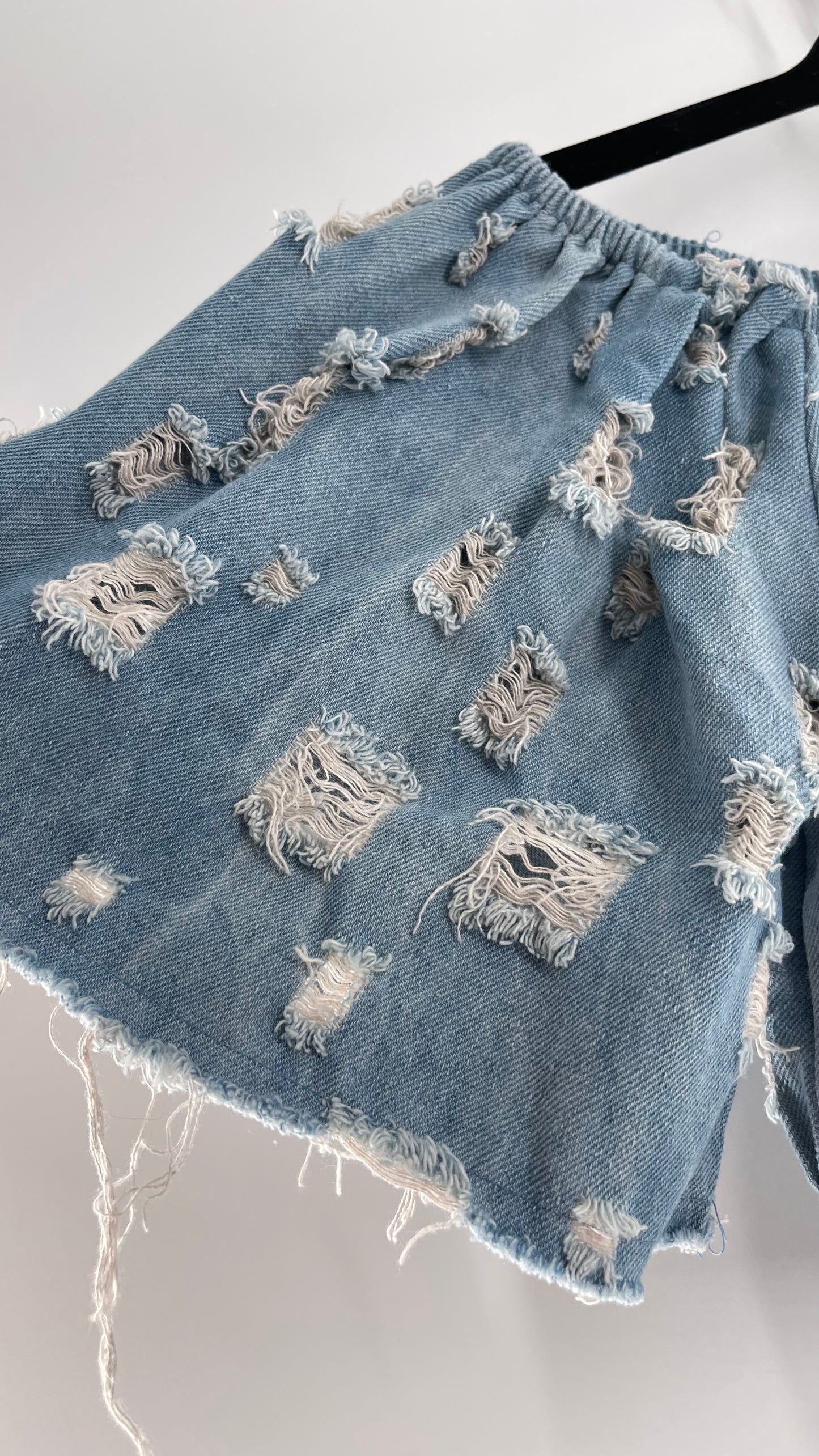 Homage Distressed Denim Crop Top with Keyhole Bust Cutout and Buckle (Medium)