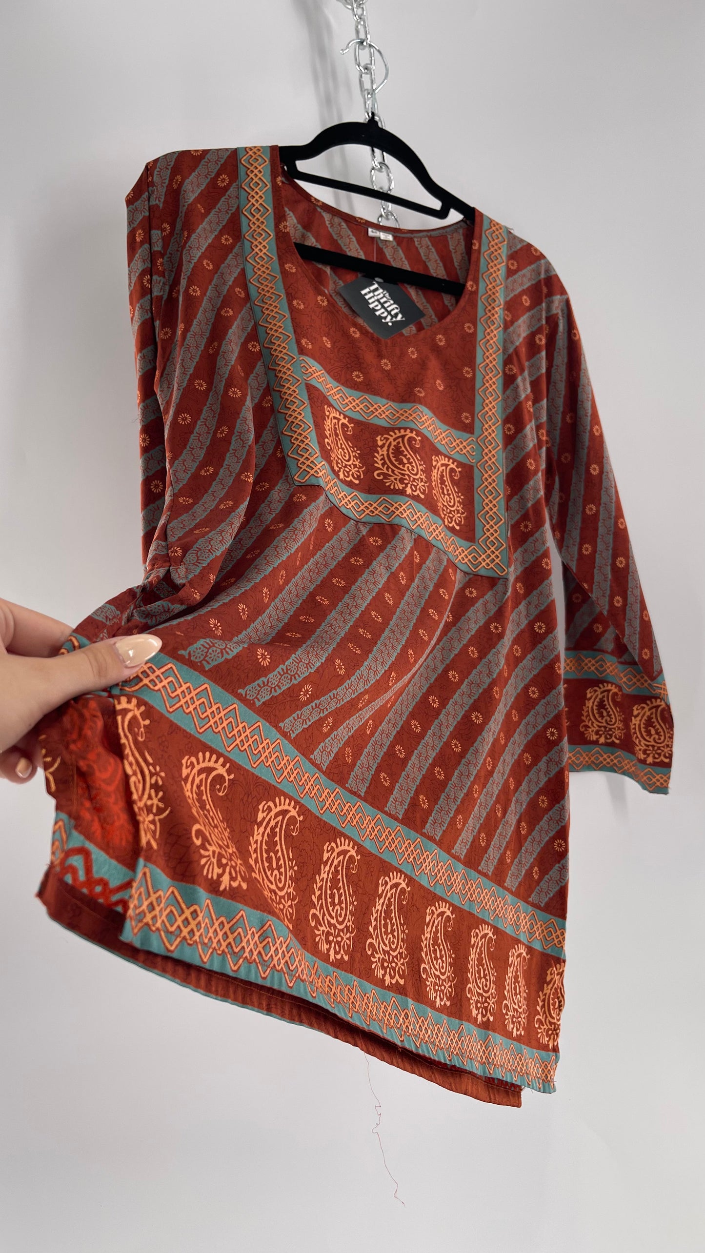Vintage 1970s Indian 100% Silk Tunic Burnt Orange, Teal and Gold (40)