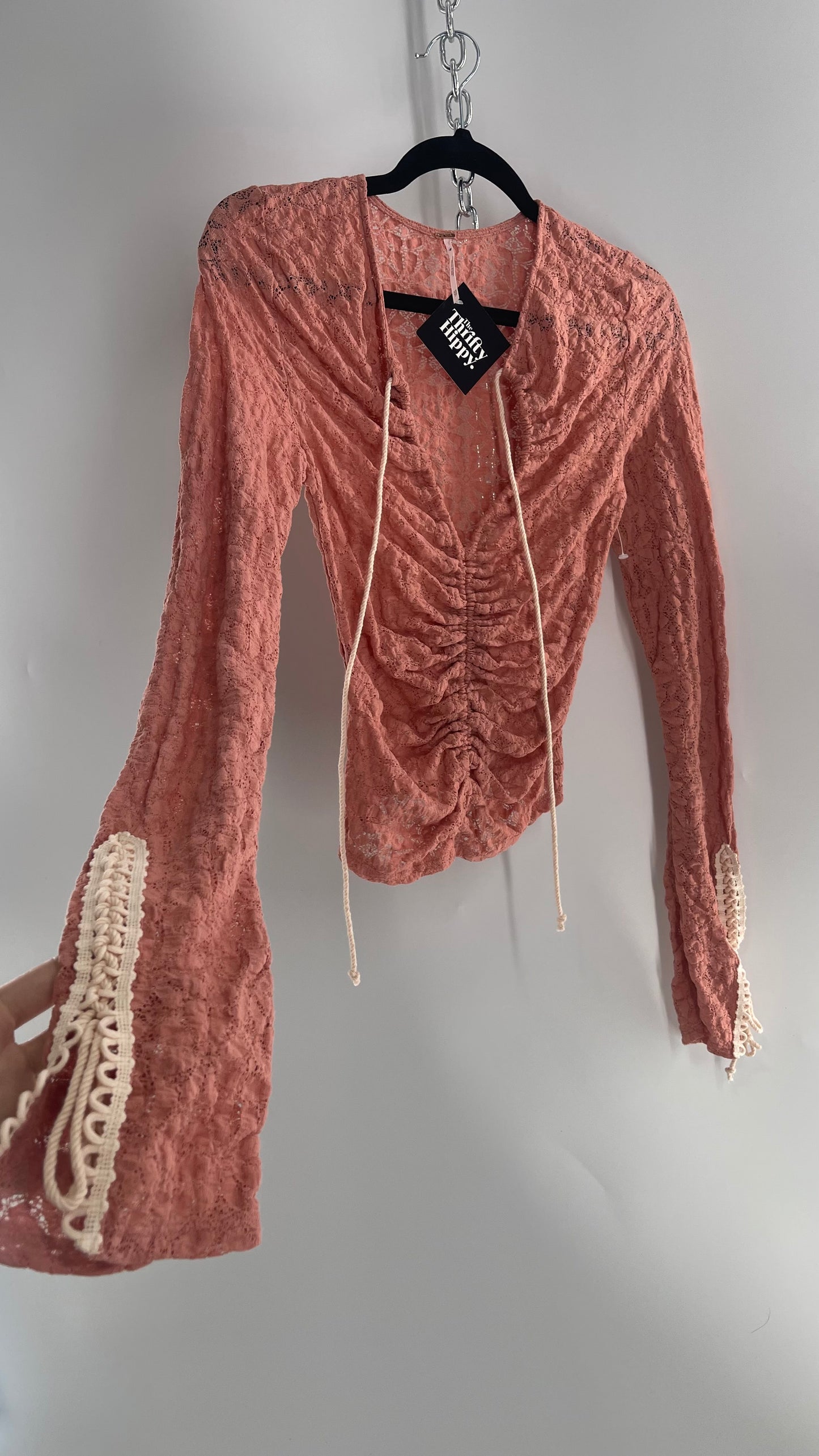 Free People Pink Lace Long Sleeve with Beige Lace Up Sleeve Detail (XS)