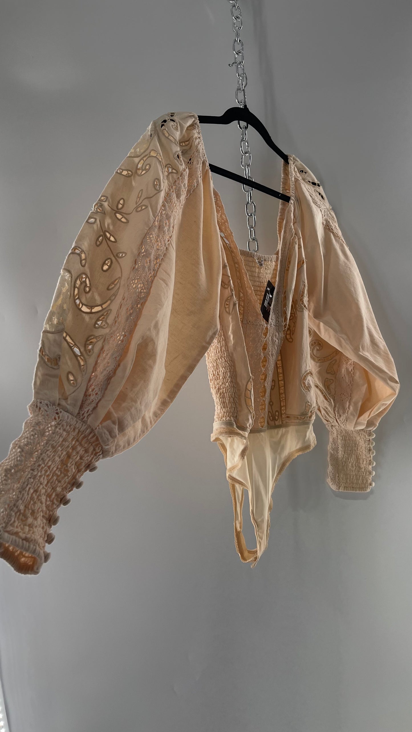 Free People Off White Cotton Bodysuit with Embroidered Lace Balloon Bishop Sleeve and Smocked, Buttoned Cuffs (Large)