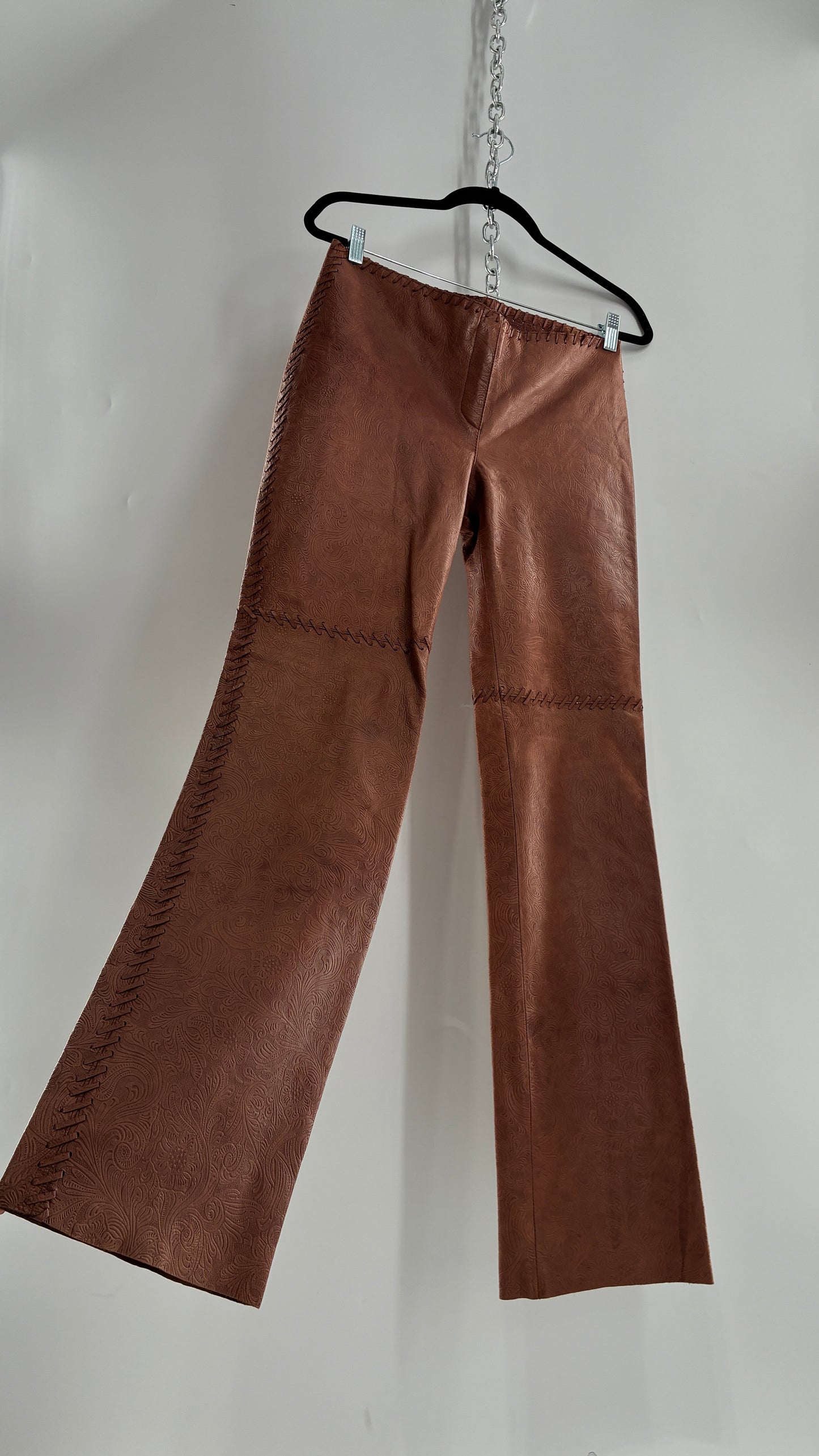 Vintage Embossed Paisley Patterned Genuine Leather Pants with Stitching Details (No Label Unbranded, S)
