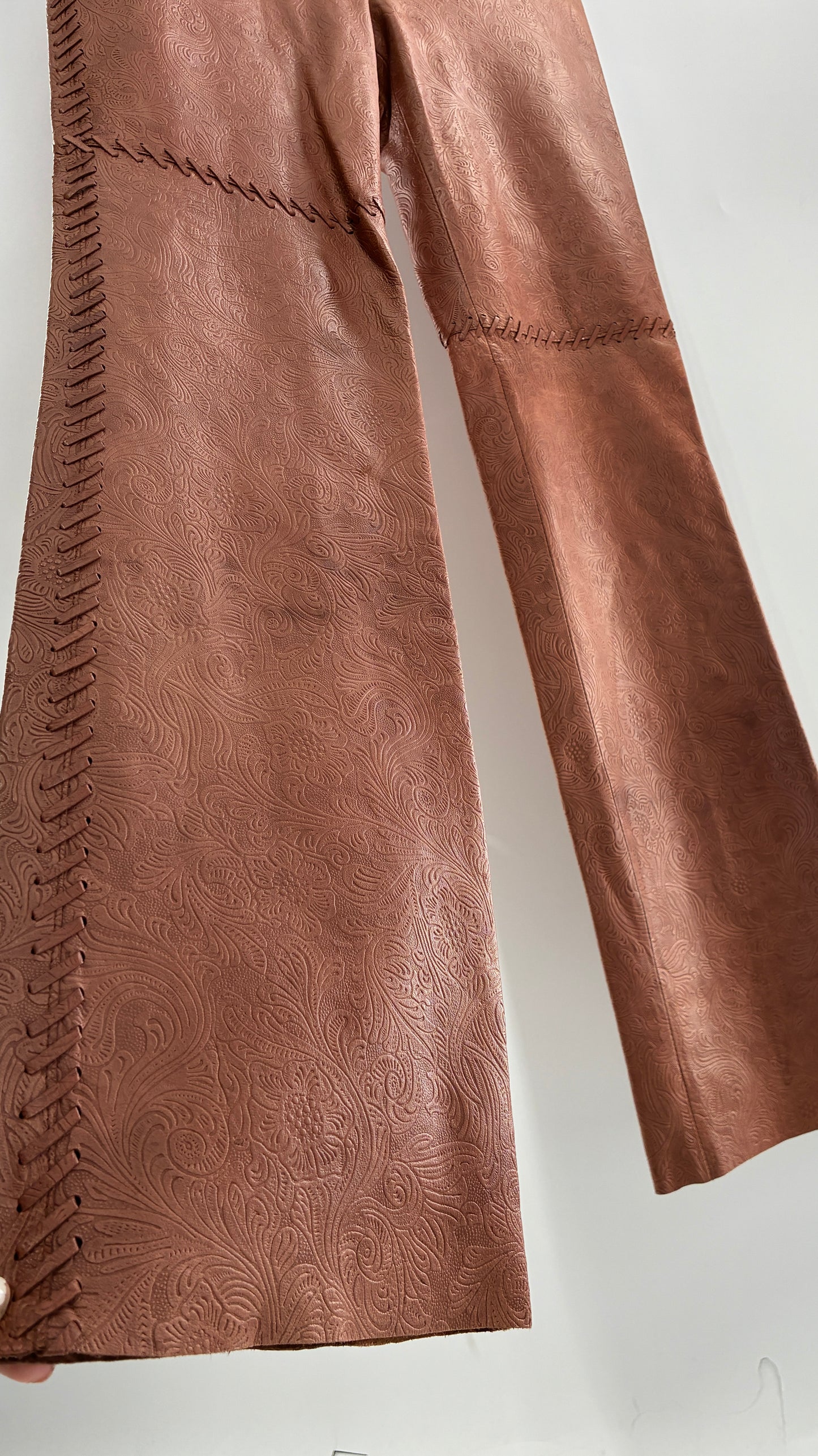 Vintage Embossed Paisley Patterned Genuine Leather Pants with Stitching Details (No Label Unbranded, S)