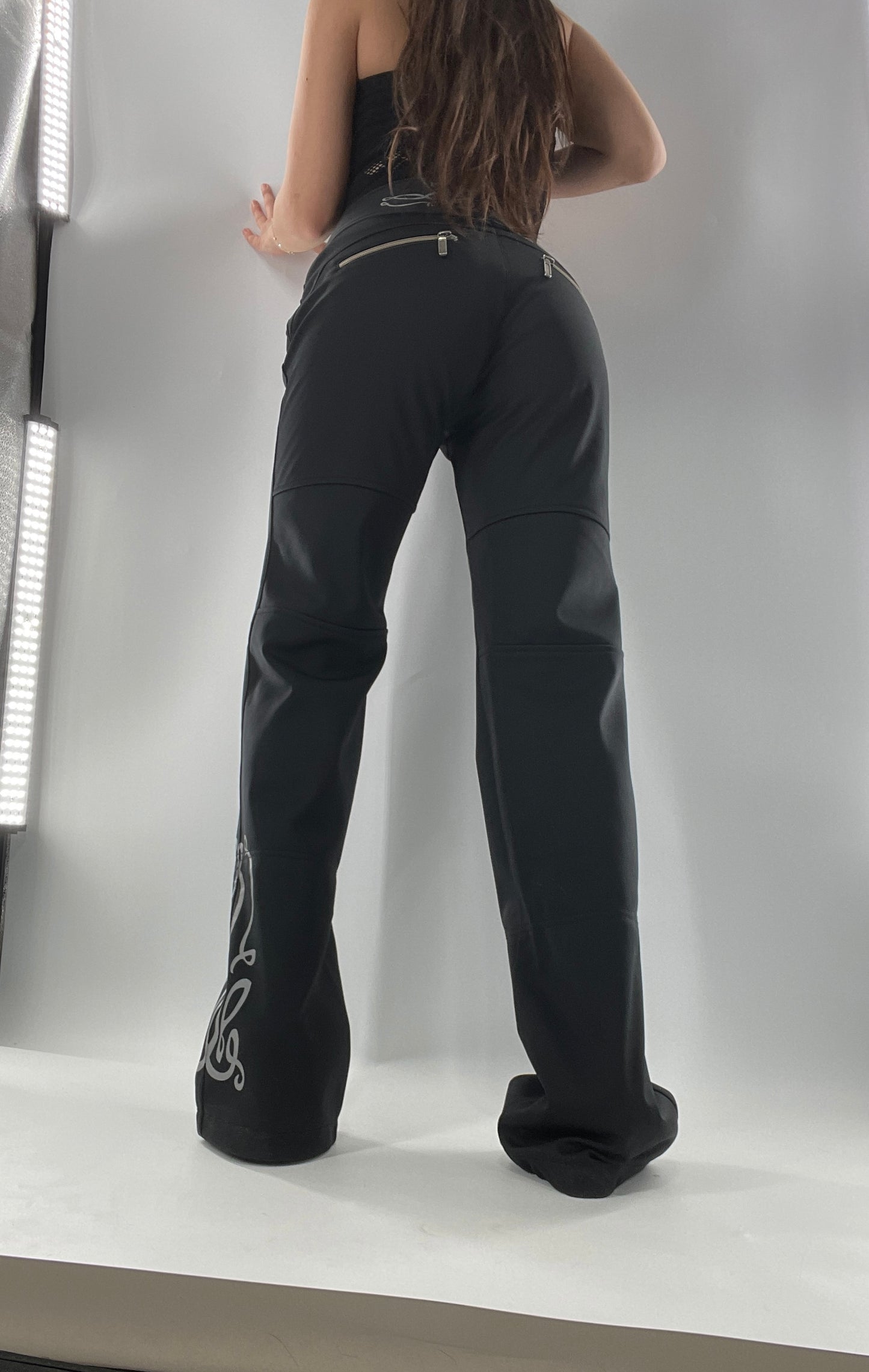 Vintage Athleta Flare 100% Nylon Thick Stretchy Black Pants with Side Clasps, Low Rise, Graphic on Back and Side of Leg (4)