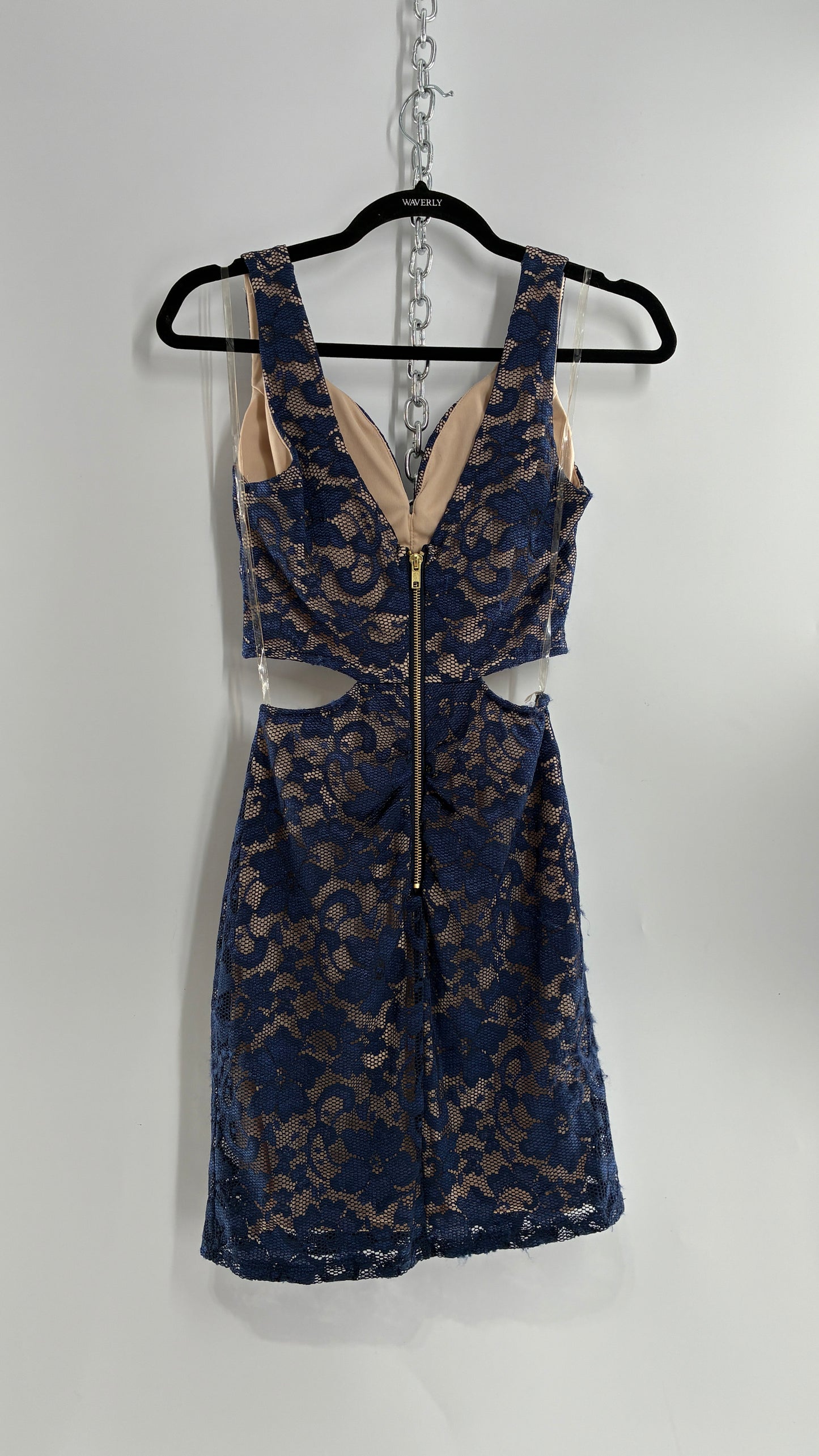 EMERALD SUNDAE Navy Blue Lace Cut Out Mini Dress with Built in Bra (Small)
