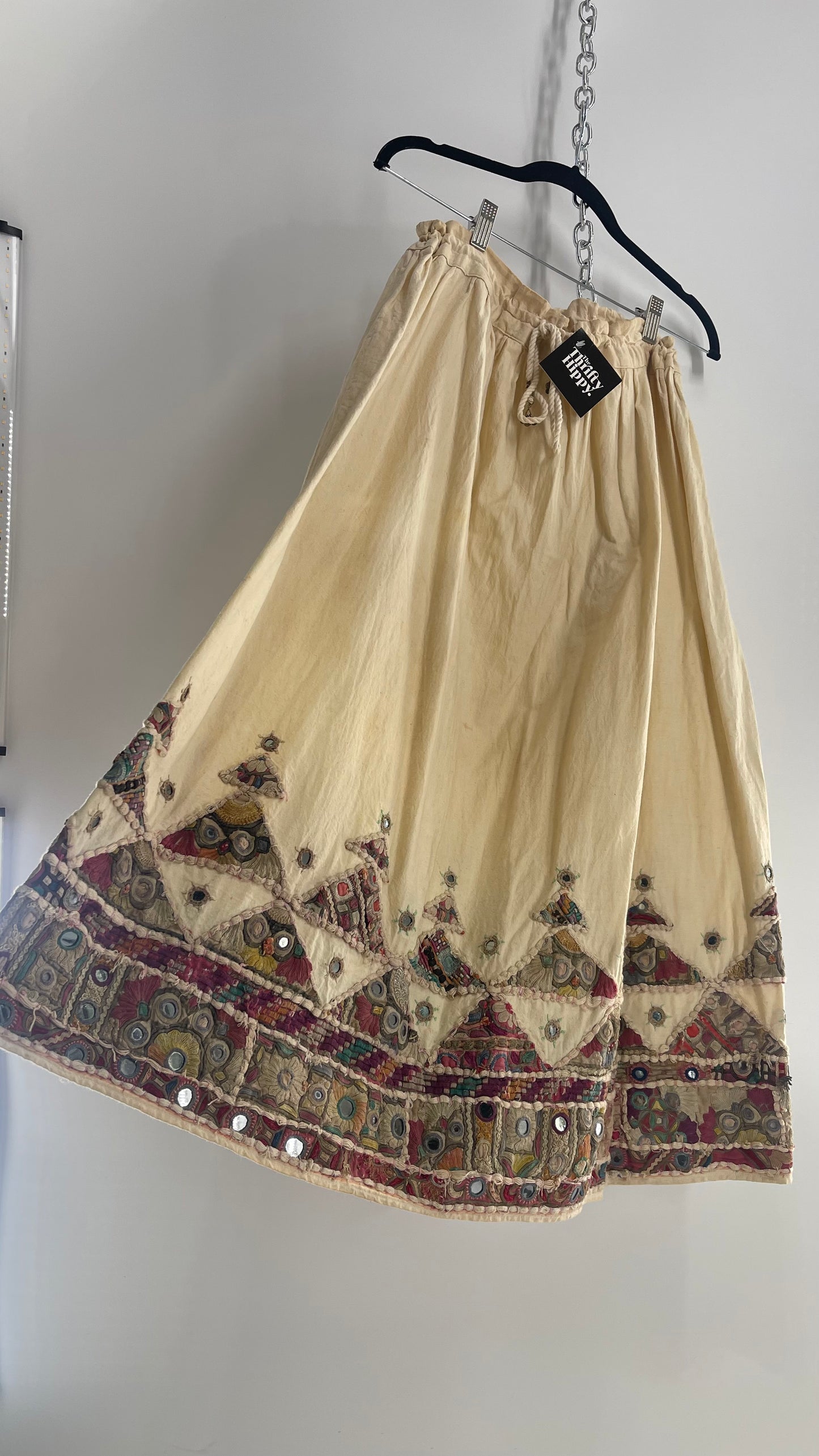 Vintage Imported Hand Stitched Skirt with Embroidered, Patchwork and Mirror Details (S/M Drawstring Waist)