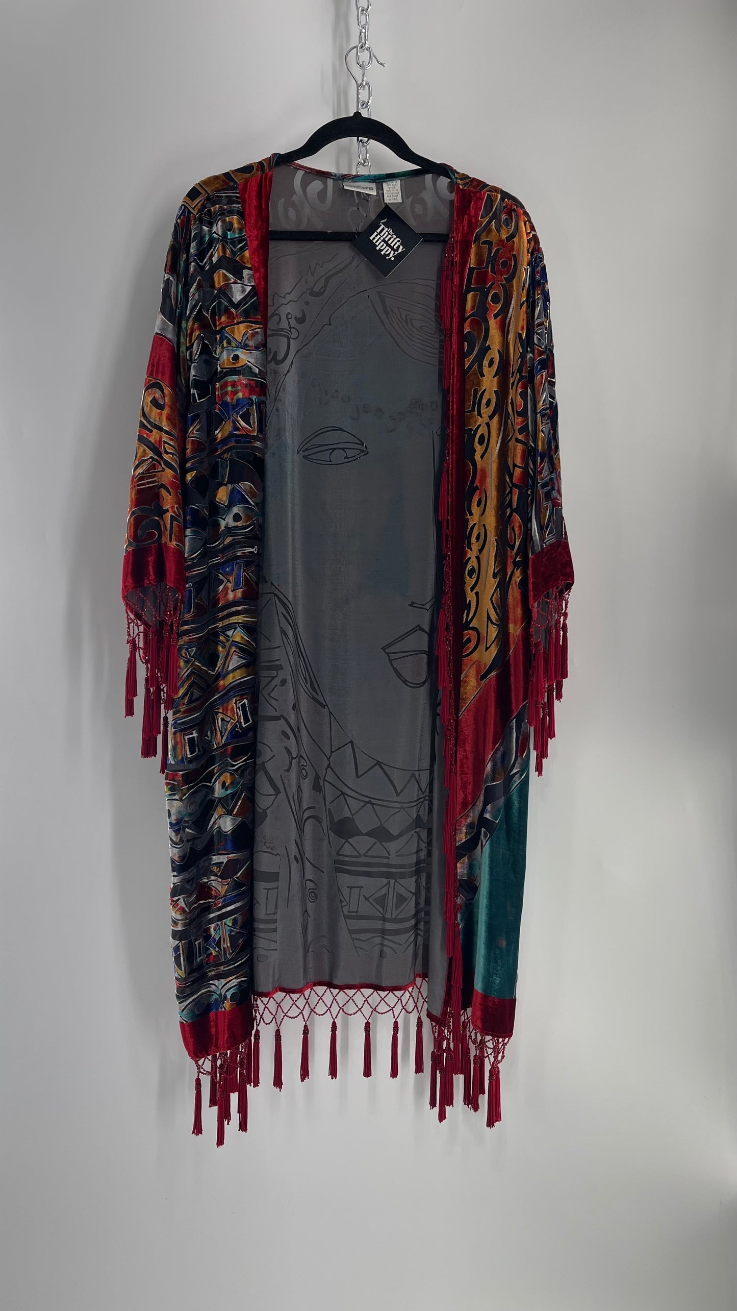 Vintage Burnout Buddhist Motif Velvet/Velour Beaded Fringe Duster Coat/Kimono with Tassel Sleeves and Hems (M/L)