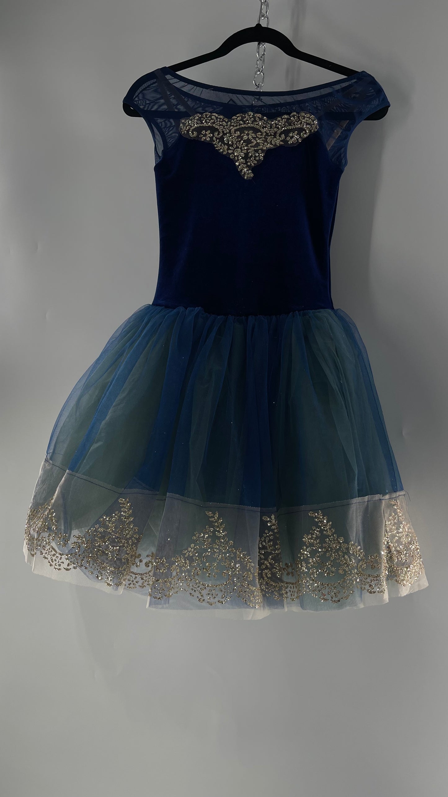 Midnight Muse Navy and Teal Mesh Tutu Skirt with Gold Glitter Hem Detailing (Medium)