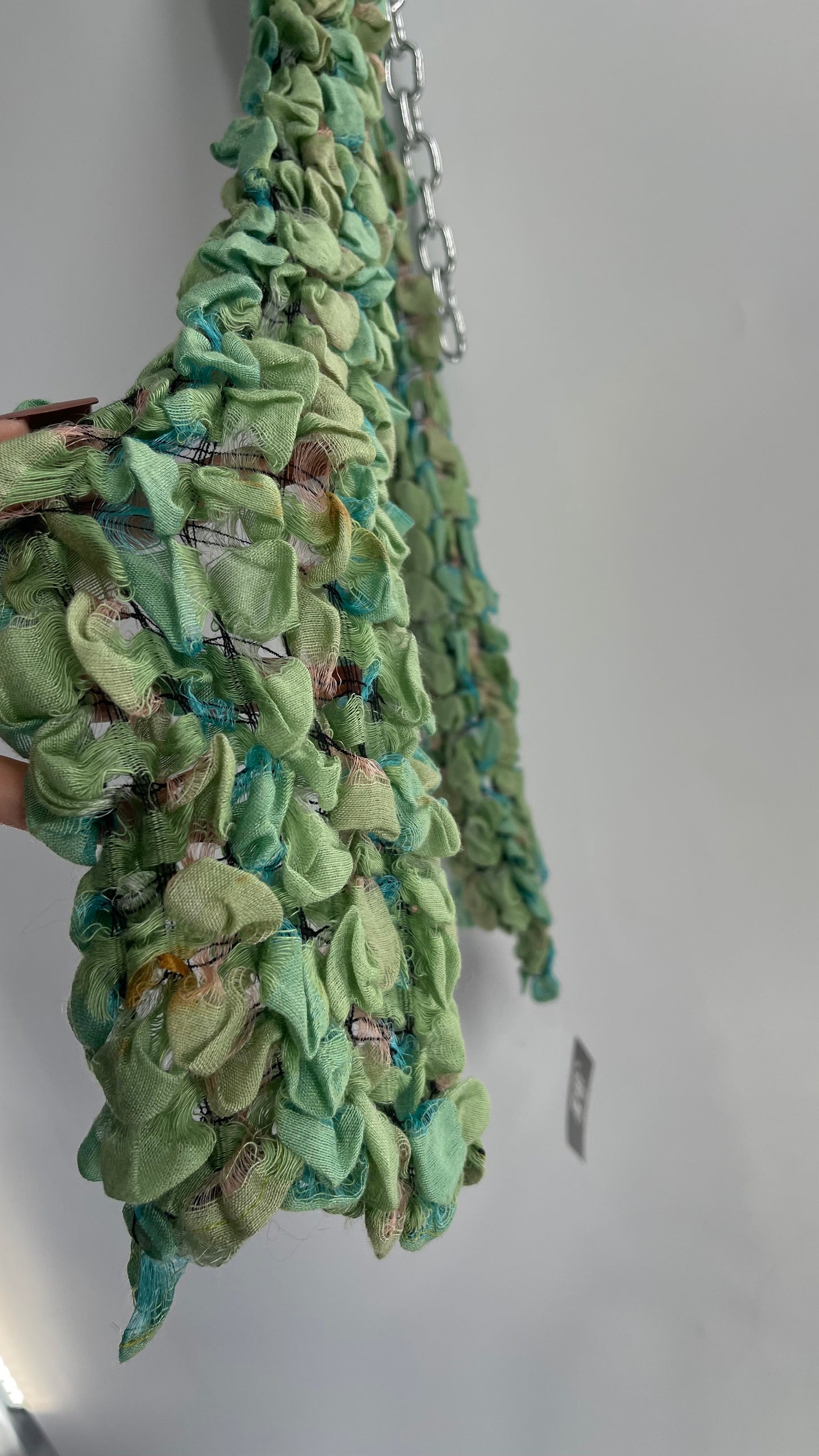 Vintage Scrunchy Green Textured Skinny Scarf