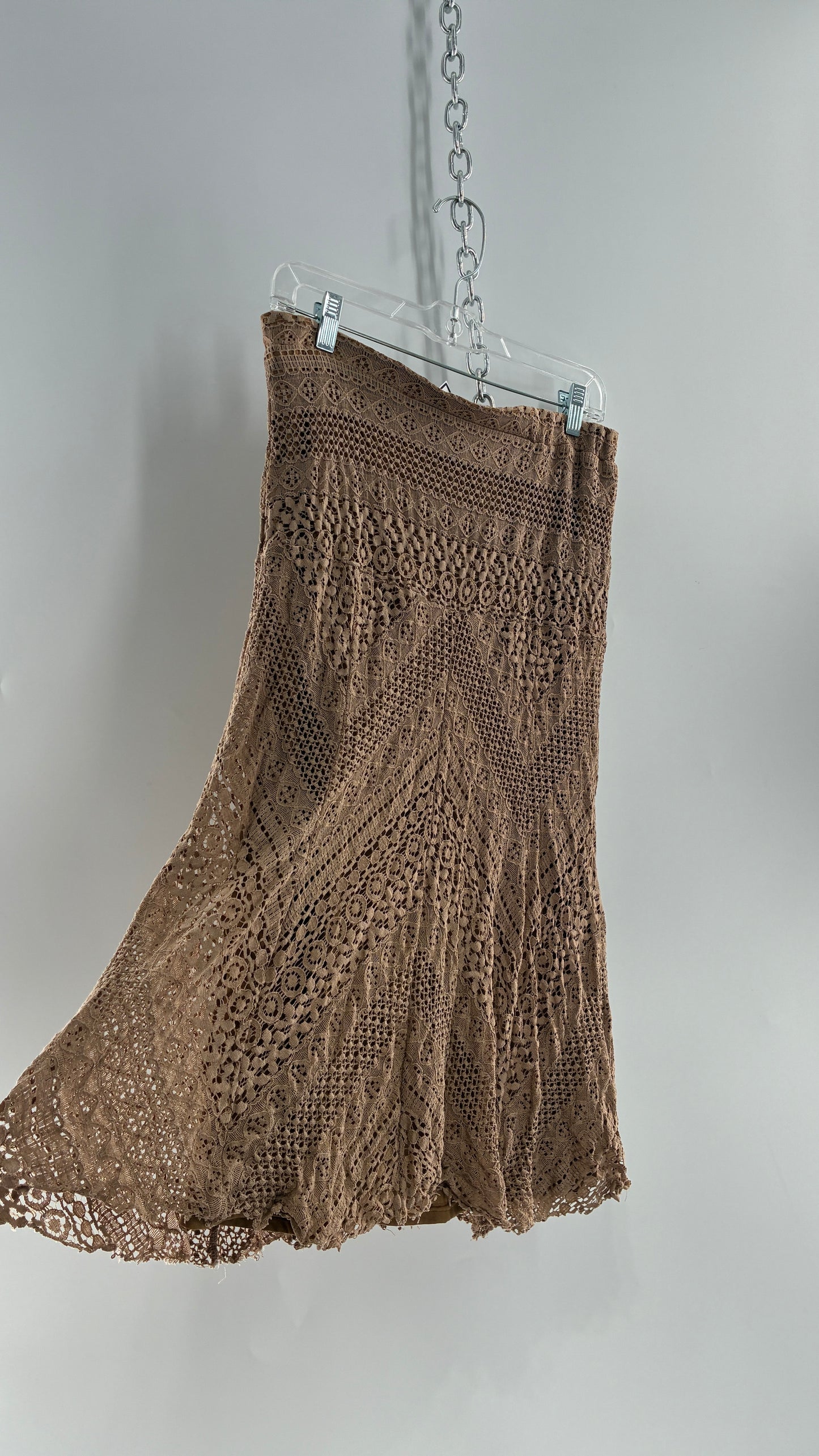Vintage SOLITAIRE Tan Brown Lace Midi Skirt (Medium)